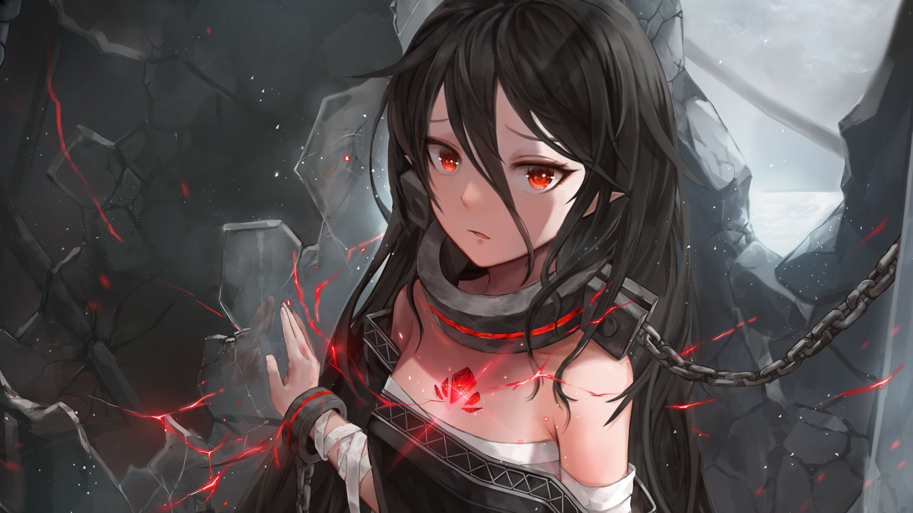 2K, Anime, Girl, Original, Red Eyes, Black Hair, HD Wallpaper