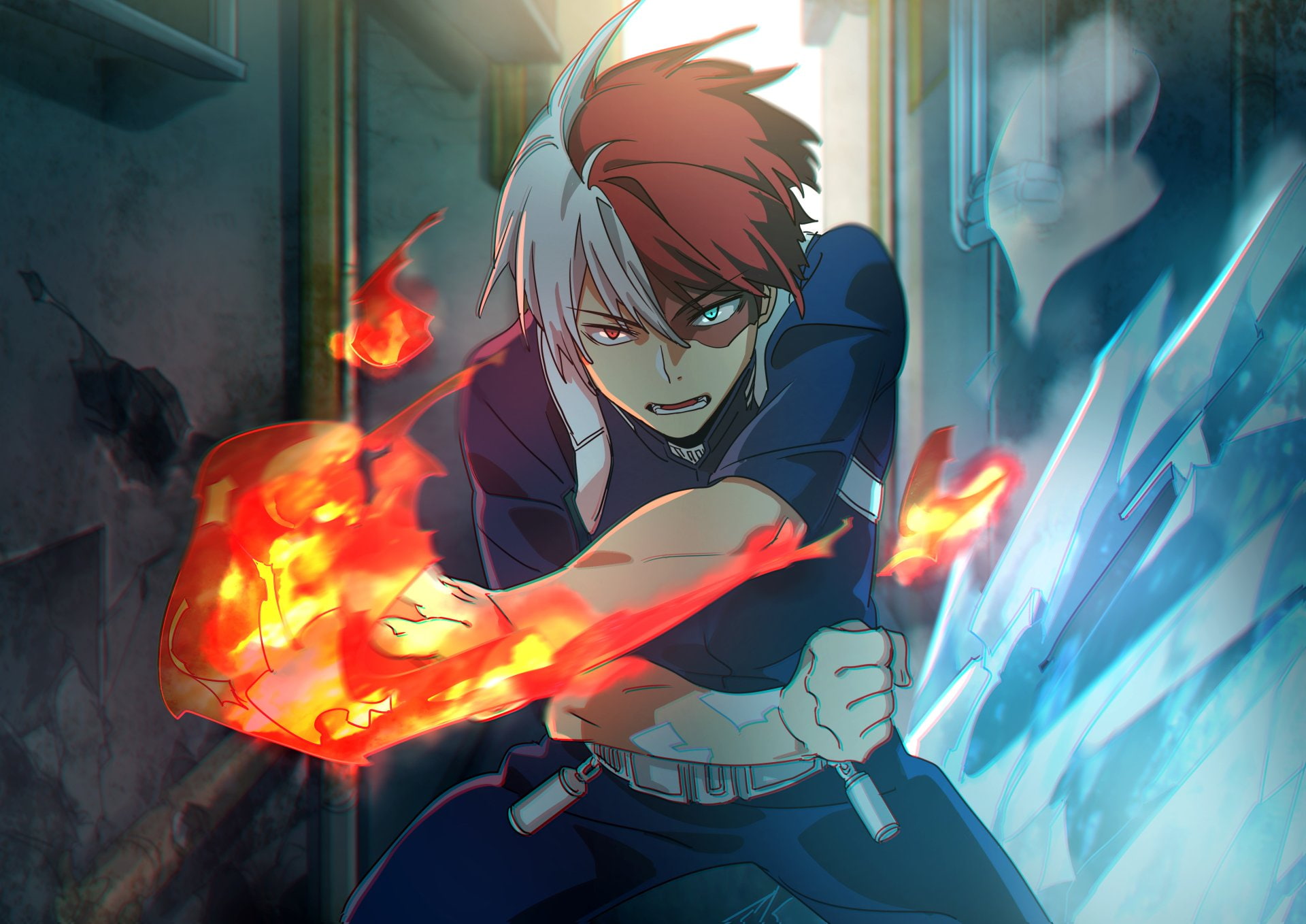 front view, one person, protection, My Hero Academia, fire, mask, clothing, burning, Shouto Todoroki, indoors, real people, disguise, Anime, standing, waist up, HD Wallpaper