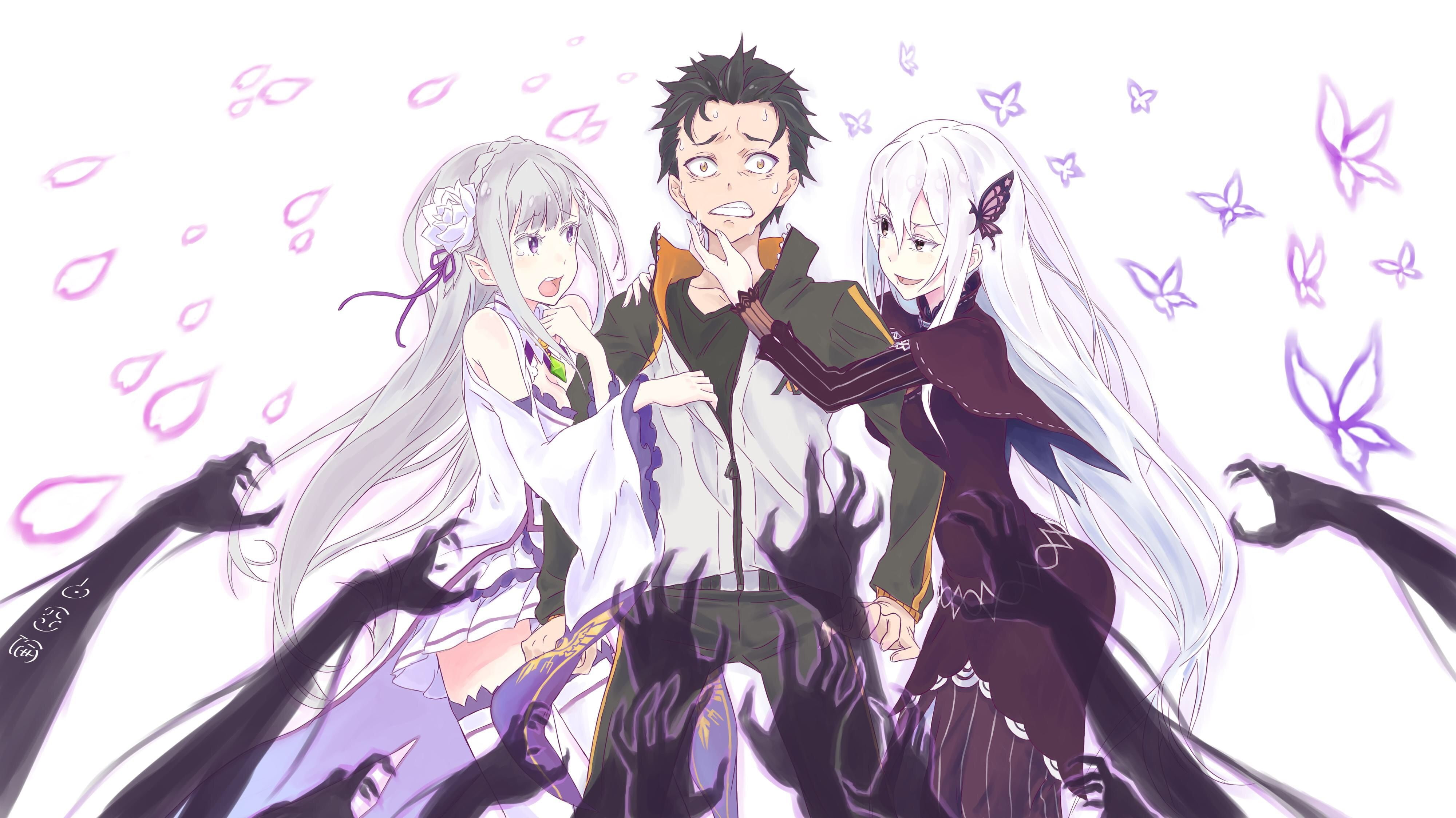 Anime, Crossover, Echidna (Re:ZERO), Emilia (Re:ZERO), Satella (Re:Zero), Re:Zero, 4K, Subaru Natsuki, Me!Me!Me!, HD Wallpaper