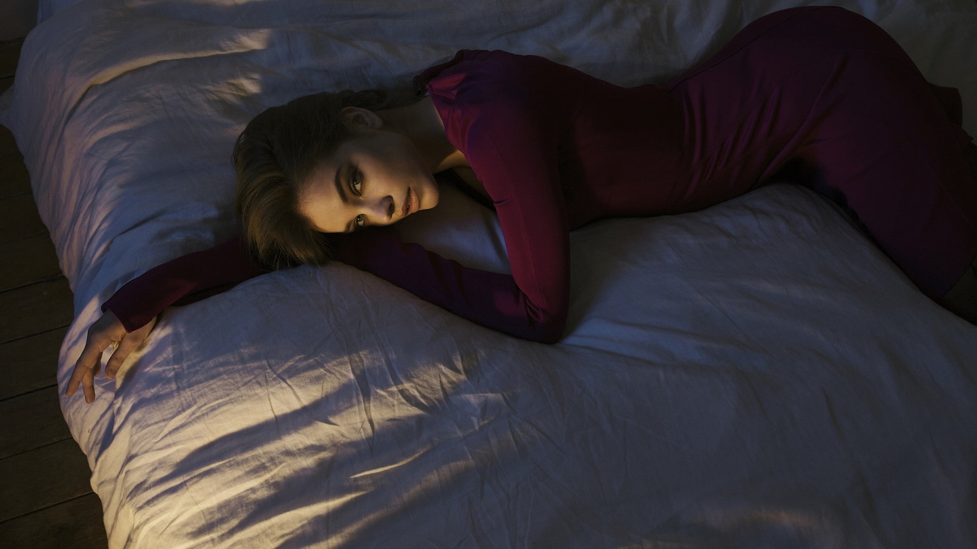 1080P, indoors, beauty, young adult, dress, young women, Barbara Palvin, domestic room, purple dresses, lying down, bedroom, textile, relaxation, high angle view, HD Wallpaper