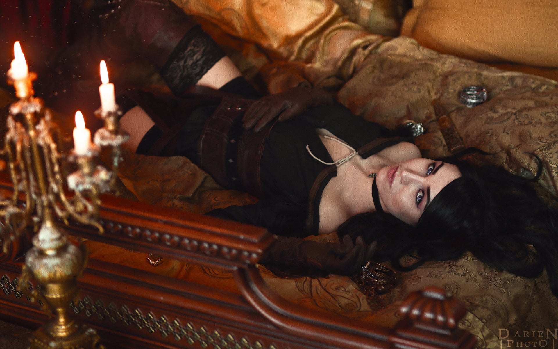 beauty, hairstyle, Candle, Long Hair, leisure activity, looking at camera, Black Hair, Smile, beautiful woman, adult, Collar, Bed, Yennefer of Vengerberg, HD Wallpaper