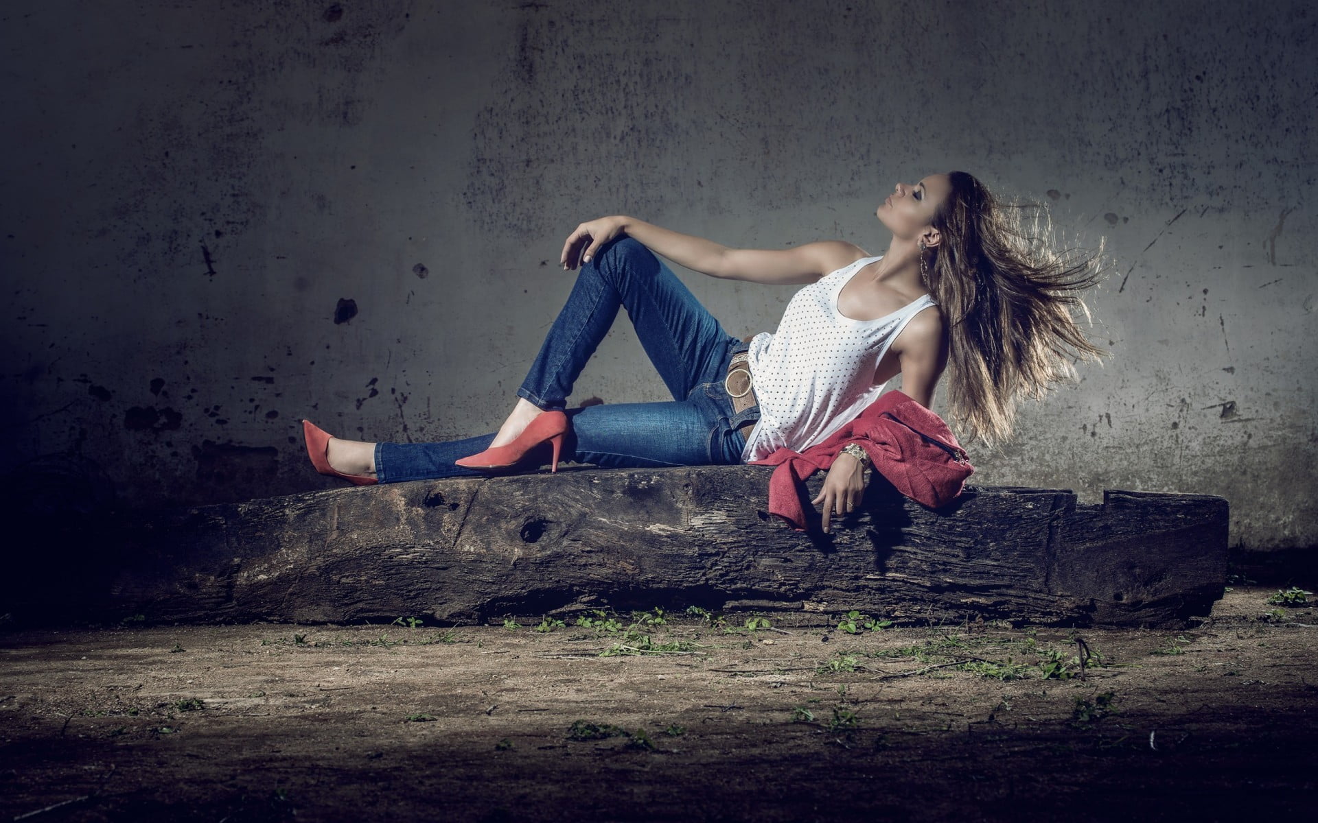 brown hair, human arm, teenager, tank top, beautiful woman, long hair, two people, jeans, sitting, young women, brunette, hair, child, young adult, high heels, HD Wallpaper