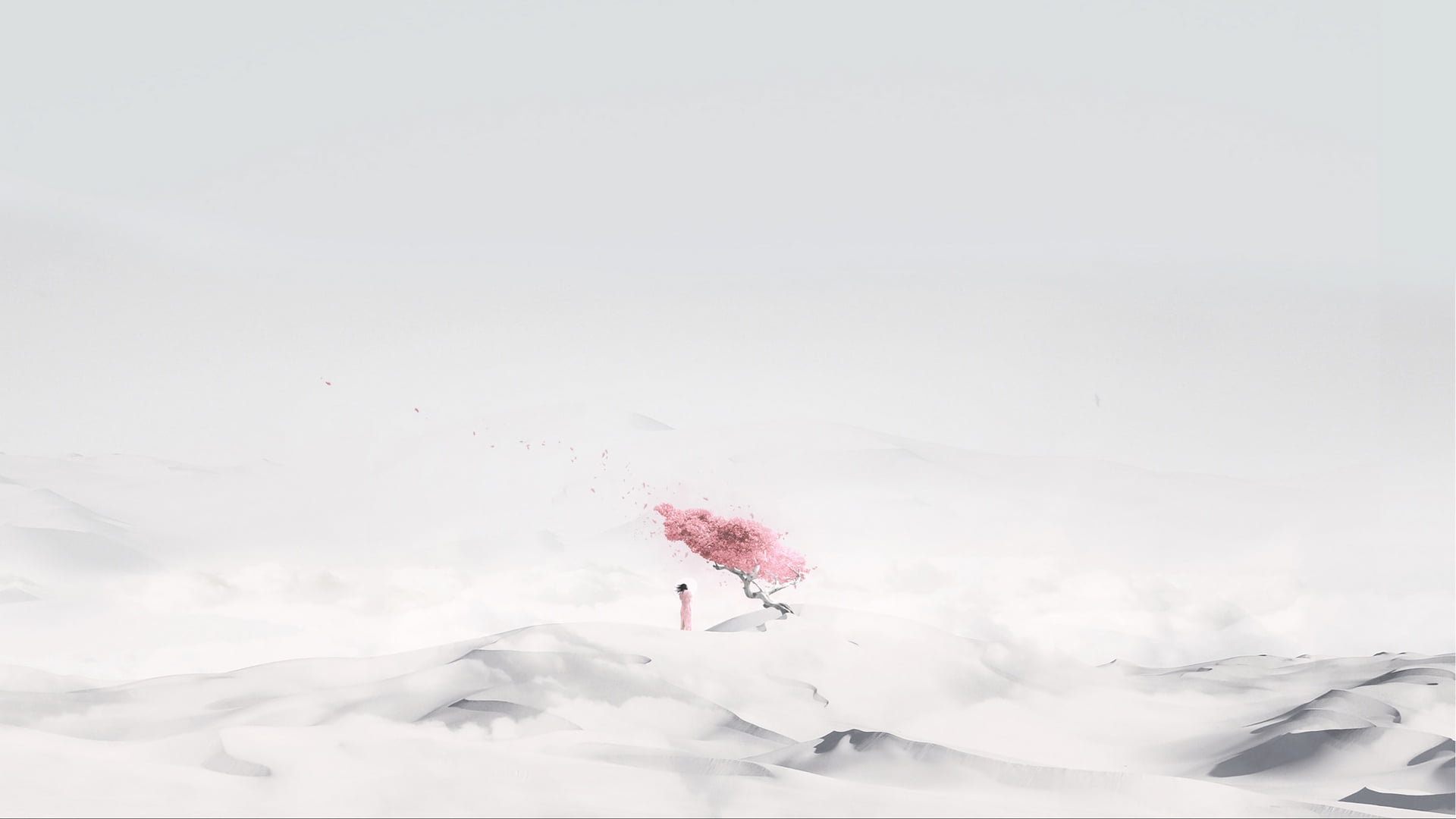 isolation, alone, white, minimalism, artwork, sakura (tree), 1080P, HD Wallpaper