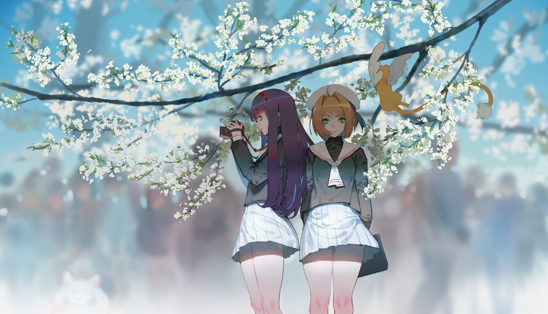 women, cherry blossom, beautiful woman, leisure activity, Tomoyo Daidouji, day, flowering plant, springtime, young women, Cardcaptor Sakura, Sakura Kinomoto, HD Wallpaper