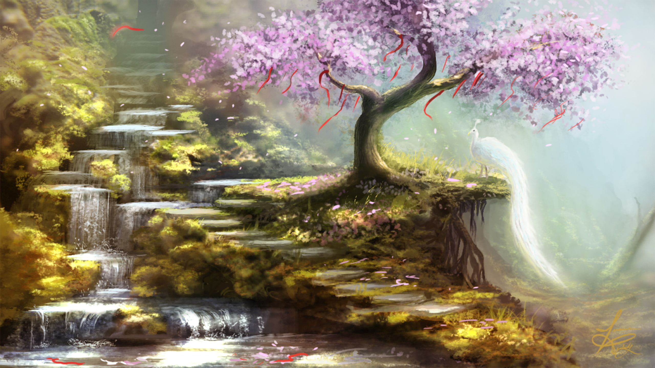 desire, hills, tape, Sakura, waterfall, 2K, tree, art, peacock, white, bird, HD Wallpaper