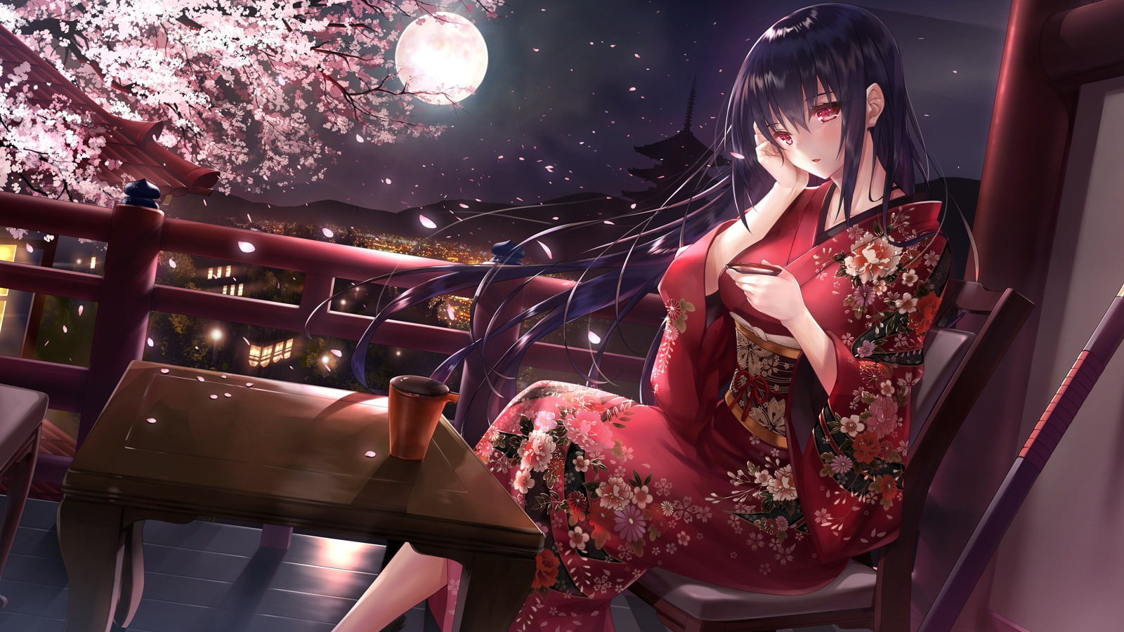 red eyes, outdoors, one person, kimono, adult, lifestyles, beauty, young women, looking, leisure activity, night, scenic, Anime, women, illuminated, standing, HD Wallpaper