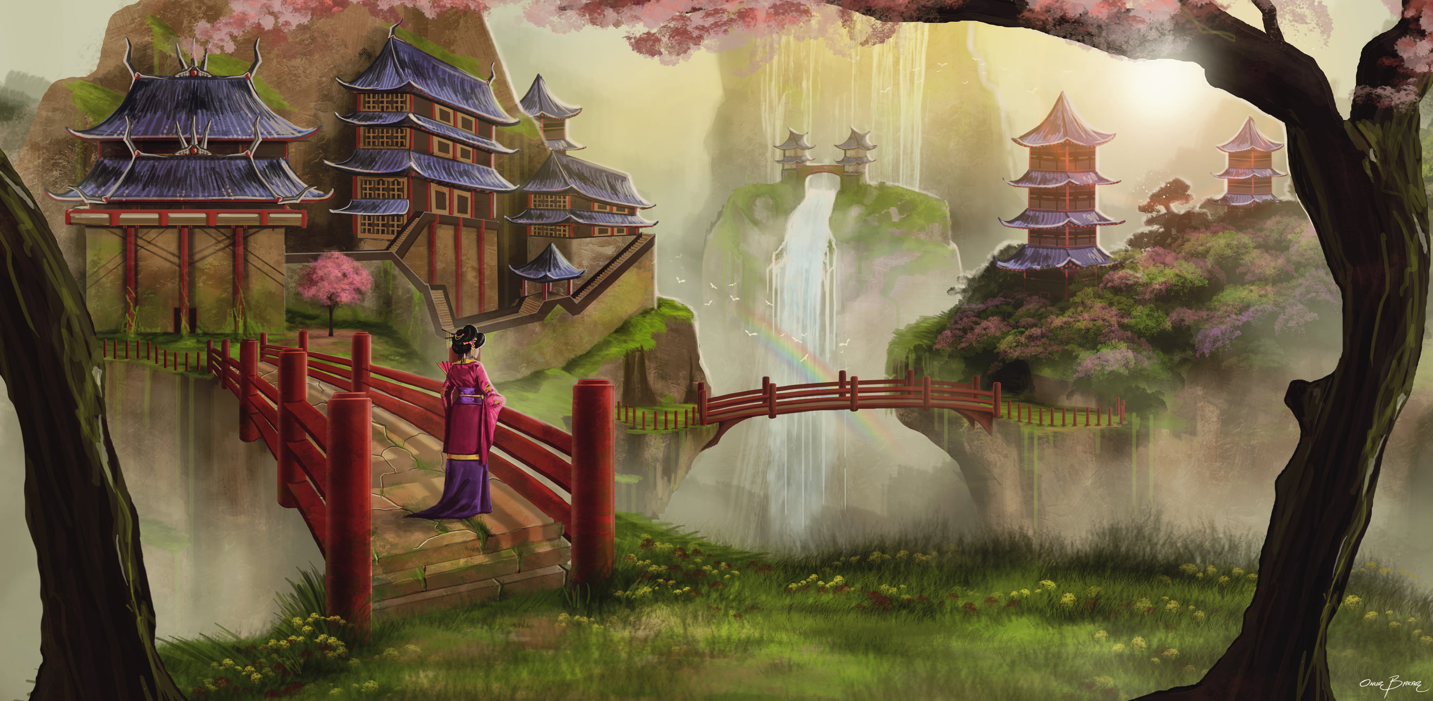 architecture, outdoors, building, nature, 2K, belief, woman, waterfall, crossing, bridge, plant, bridges, birds, art, rainbow, trees, Sakura, spring, painting, HD Wallpaper