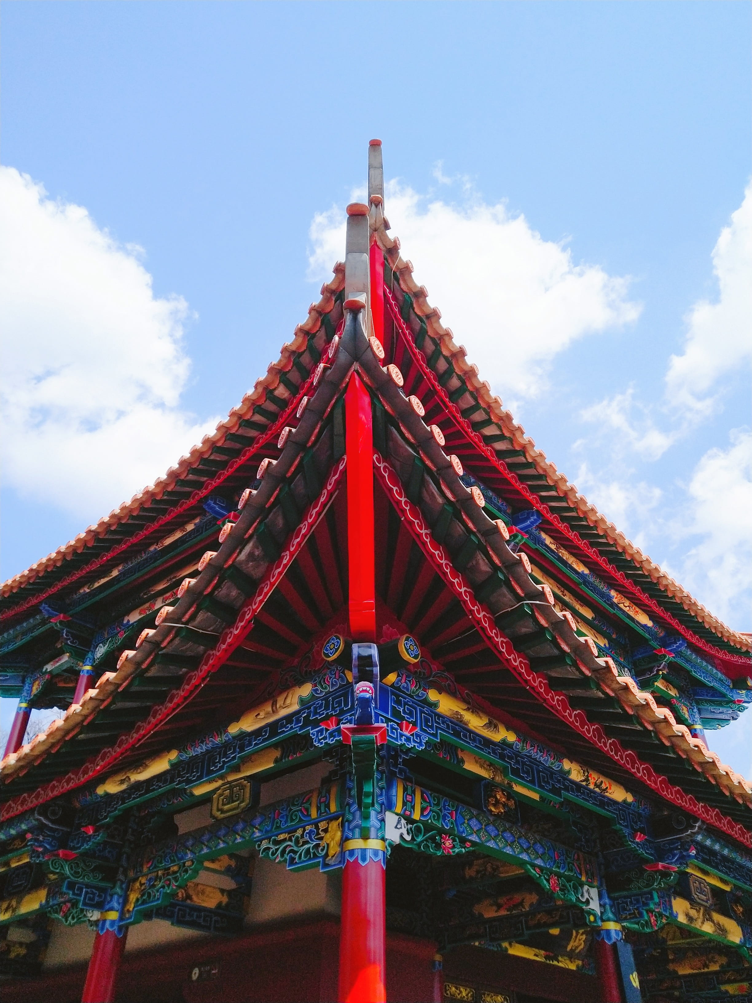 belief, cornices, cloud - sky, religion, classical chinese traditional patterns, sky, place of worship, building exterior, nature, multi colored, low angle view, Phone HD Wallpaper