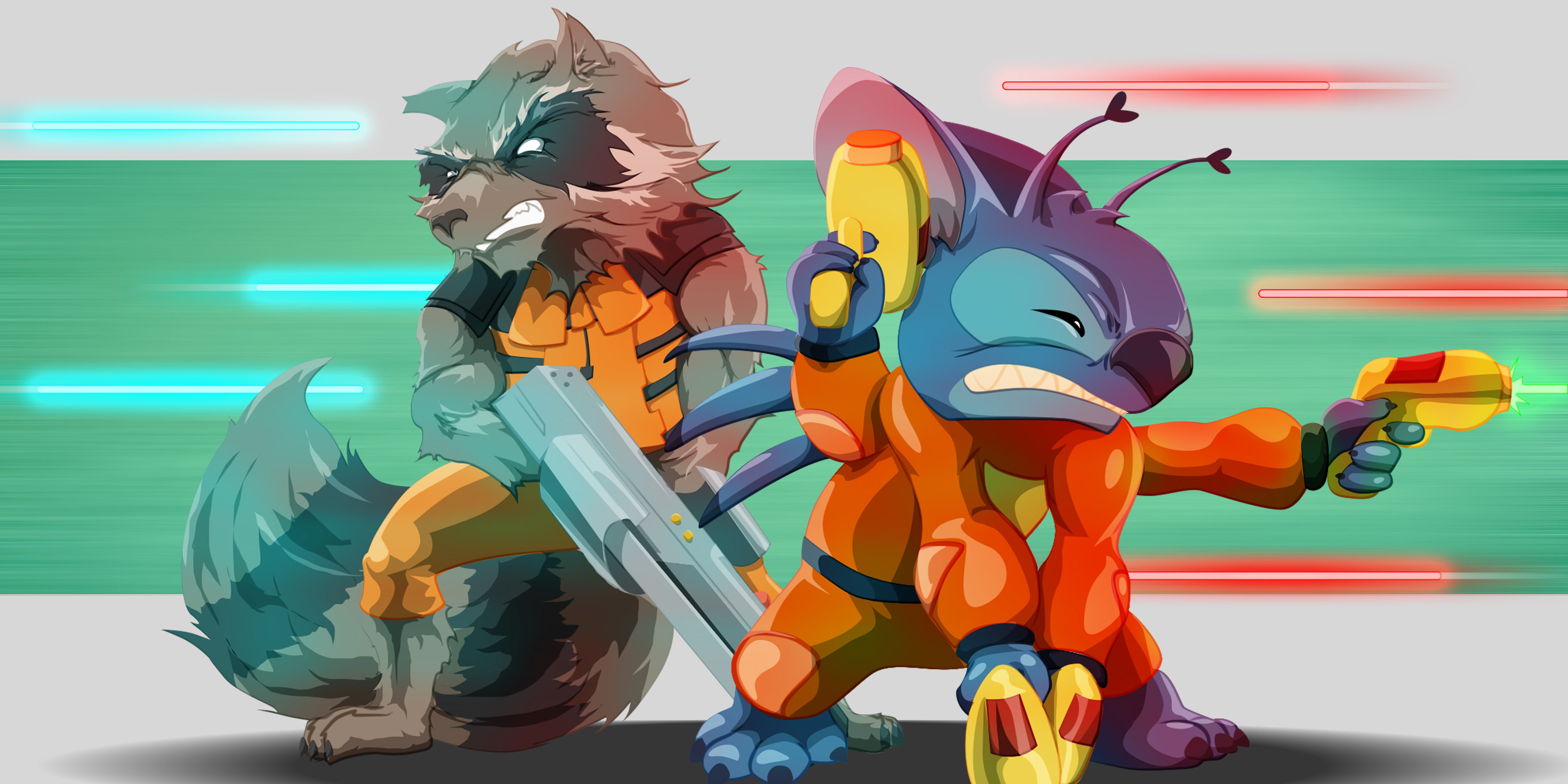 Stitch, art, raccoon, crossover, rocket, alien, 2K, HD Wallpaper