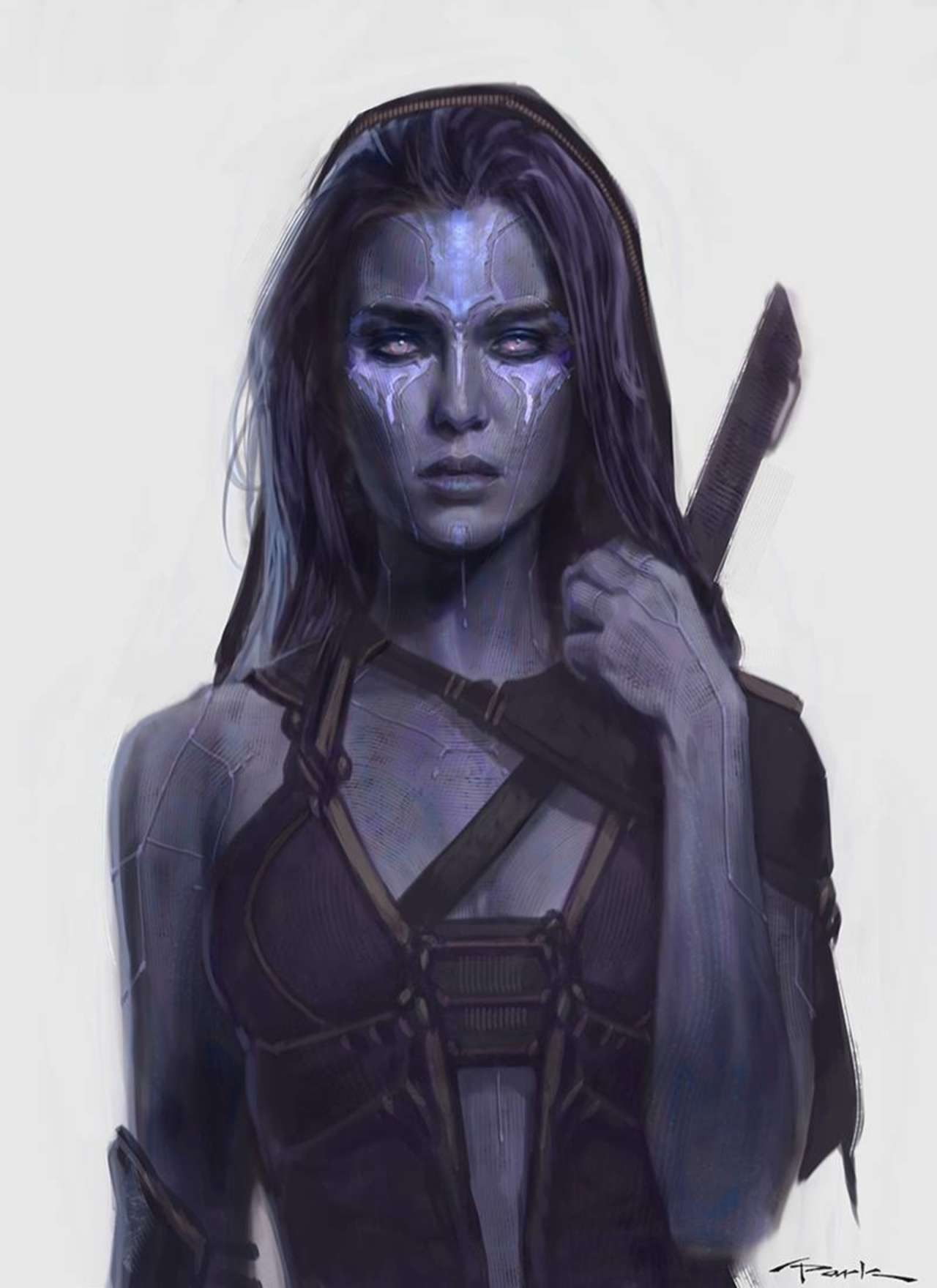 women, Gamora, halloween, looking at camera, indoors, concept art, spooky, one person, beautiful woman, costume, long hair, adult, make-up, purple skin, Phone HD Wallpaper