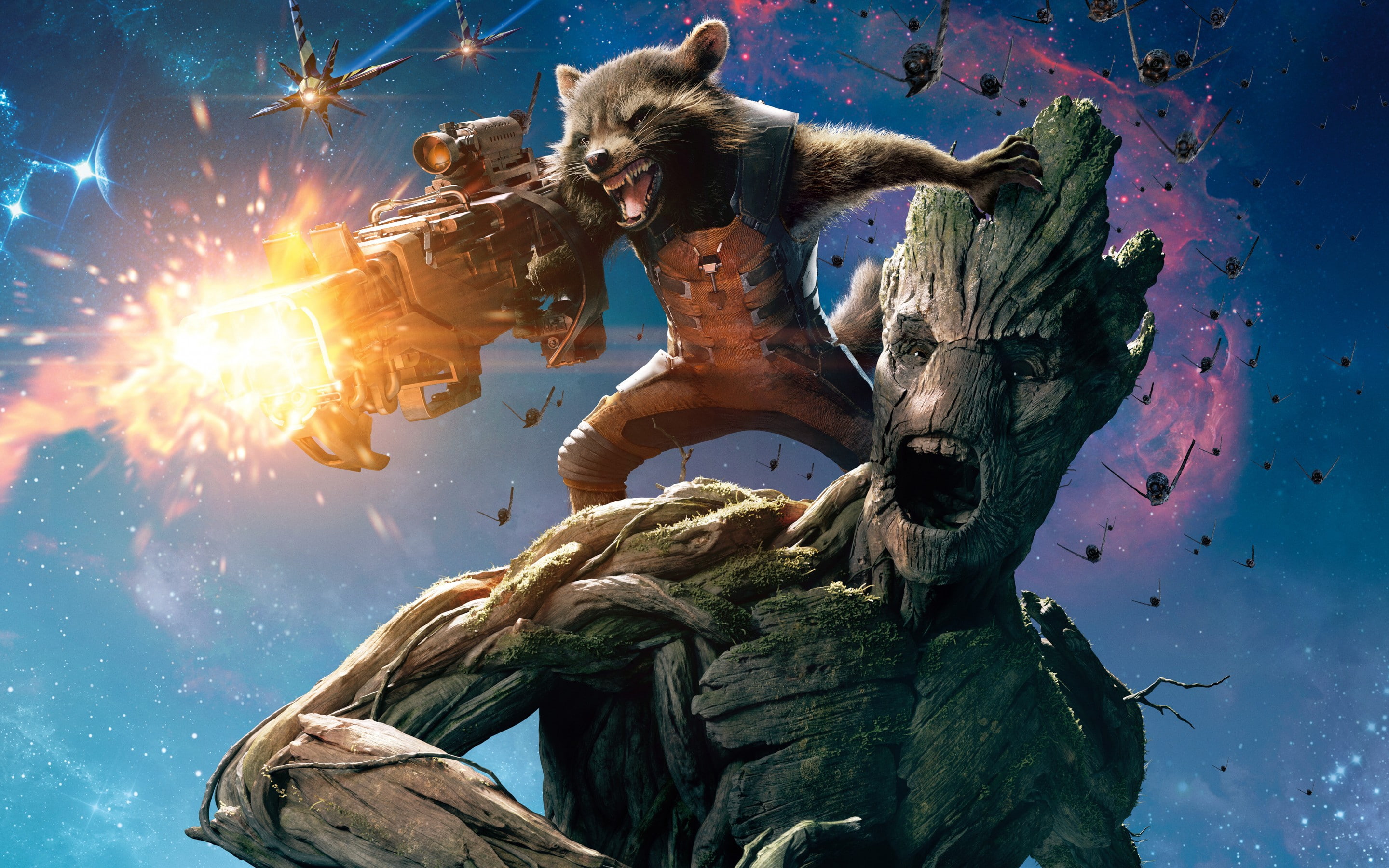 Planes, Animal, Rocket, space, Guns, Raccoon, fighters, clouds, shooting, guardians, face, sky, galaxy, battle, weapons, ratchet, planet, hero, Groot, Marvel, HD Wallpaper