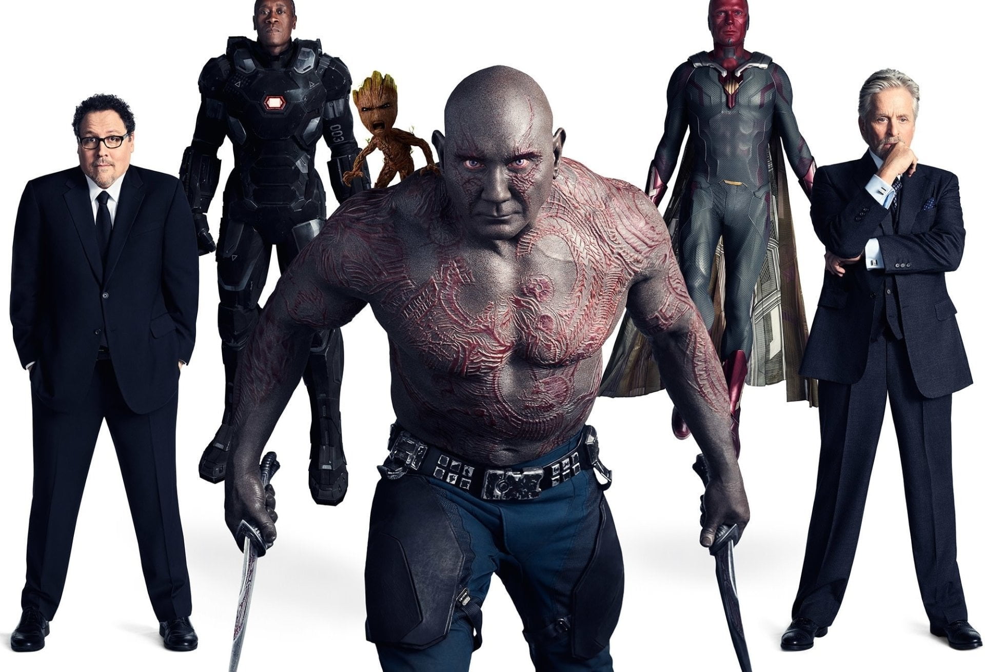Don Cheadle, representation, communication, Happy Hogan, well-dressed, Dave Bautista, Avengers: Infinity War, Movie, Baby Groot, males, front view, hand, HD Wallpaper