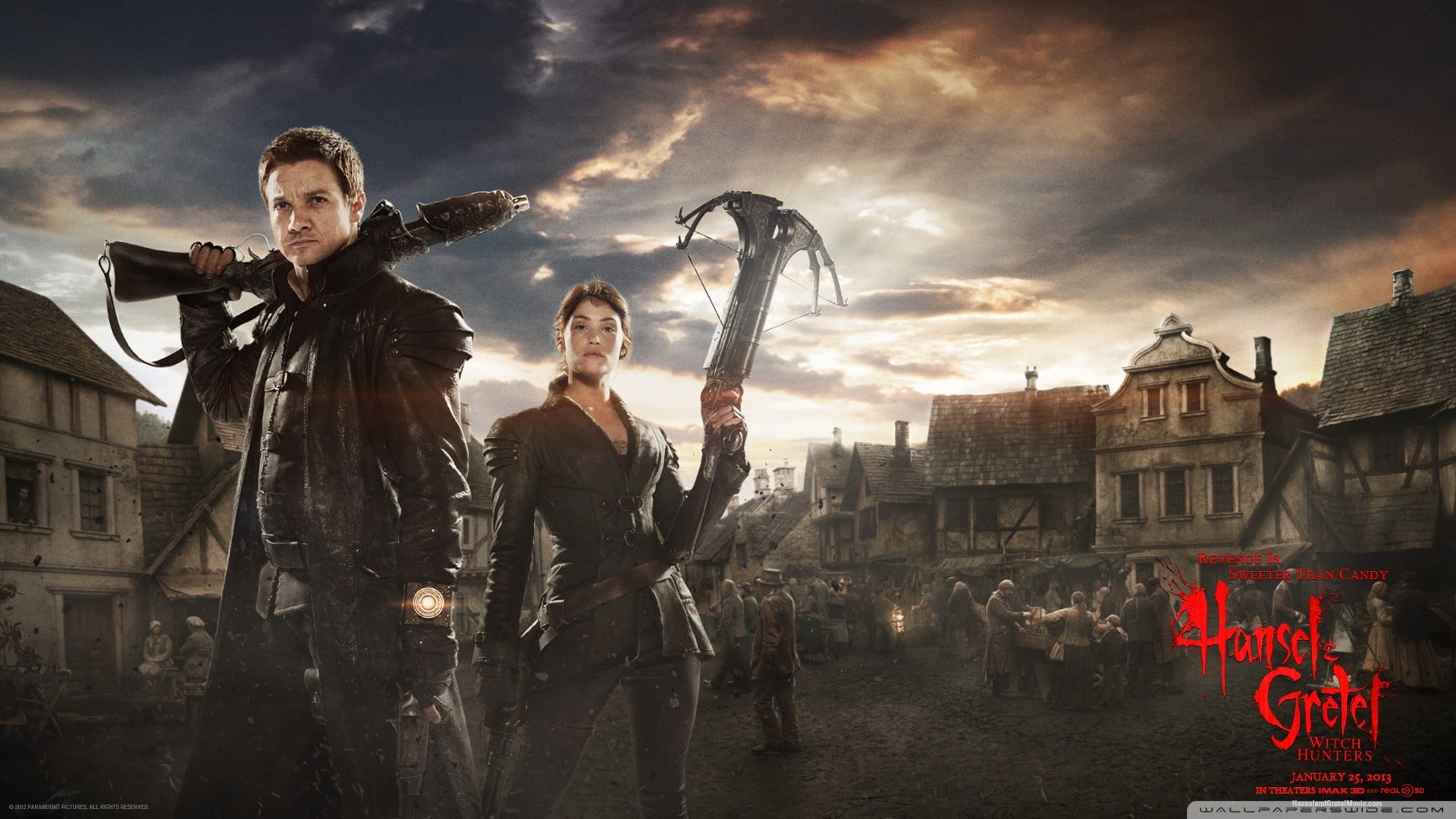 building exterior, clothing, Hansel and Gretel: Witch Hunters, people, nature, 1080P, building, communication, cloud - sky, women, architecture, built structure, HD Wallpaper