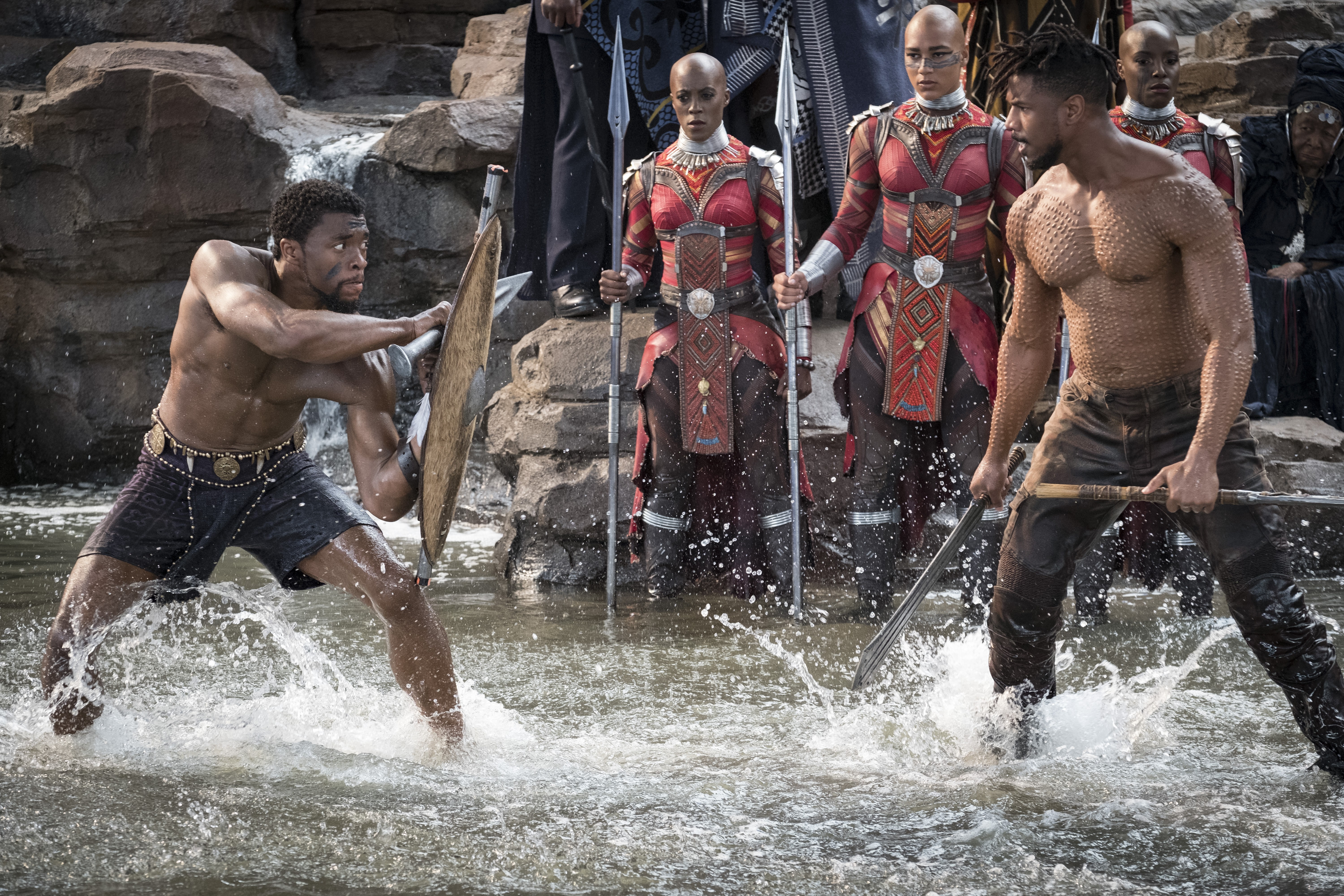 day, Chadwick Boseman, lifestyles, Black Panther, Michael B. Jordan, group of people, water, young adult, motion, shirtless, men, people, flowing water, HD Wallpaper