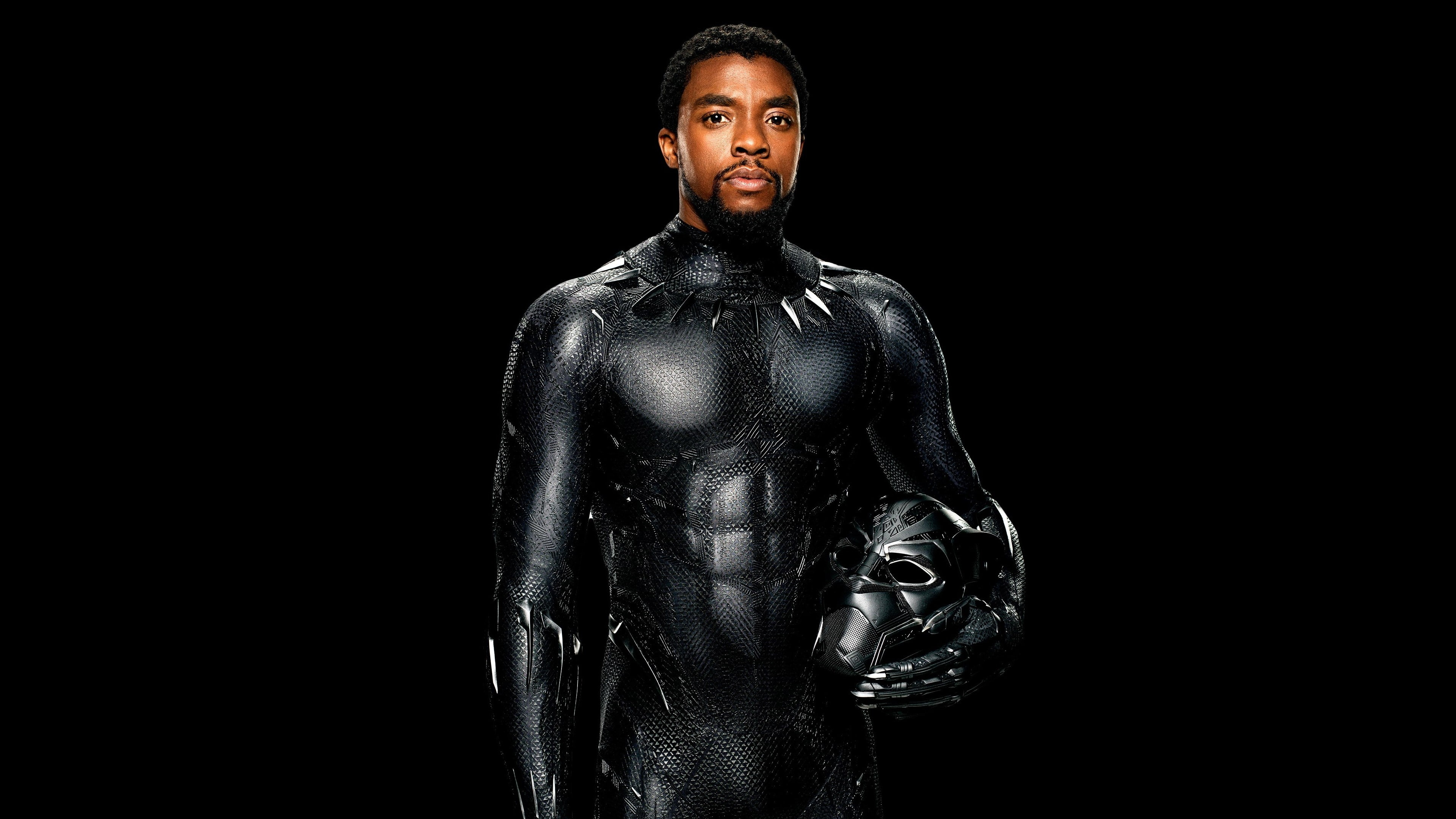 black, suit, man, gray, 4k, holding, Chadwick Boseman, helmet, Black Panther, wearing, 4K, HD Wallpaper