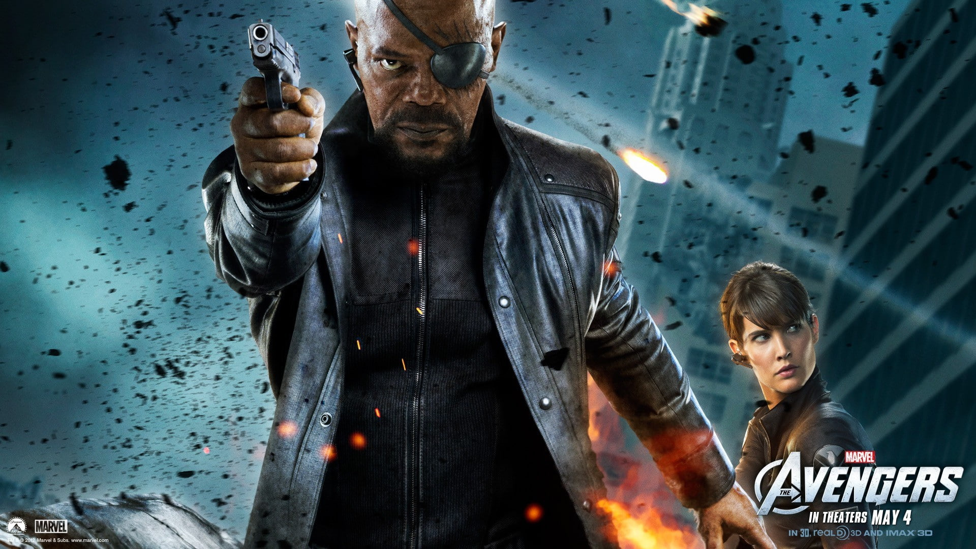 men, rain, 1080P, indoors, Marvel Cinematic Universe, Nick Fury, movies, waist up, people, Samuel L. Jackson, illuminated, Maria Hill, wet, front view, HD Wallpaper