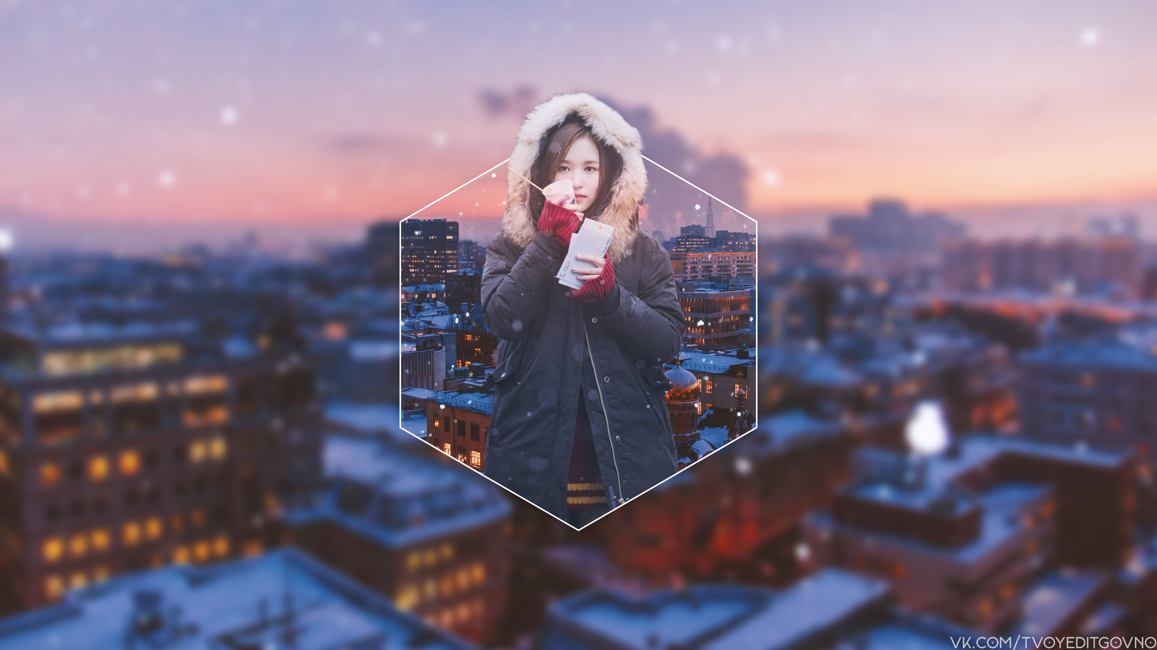 Mina Sharon Myoi, picture-in-picture, Twice, cityscape, women, 4K, winter, Asian, dark hair, HD Wallpaper