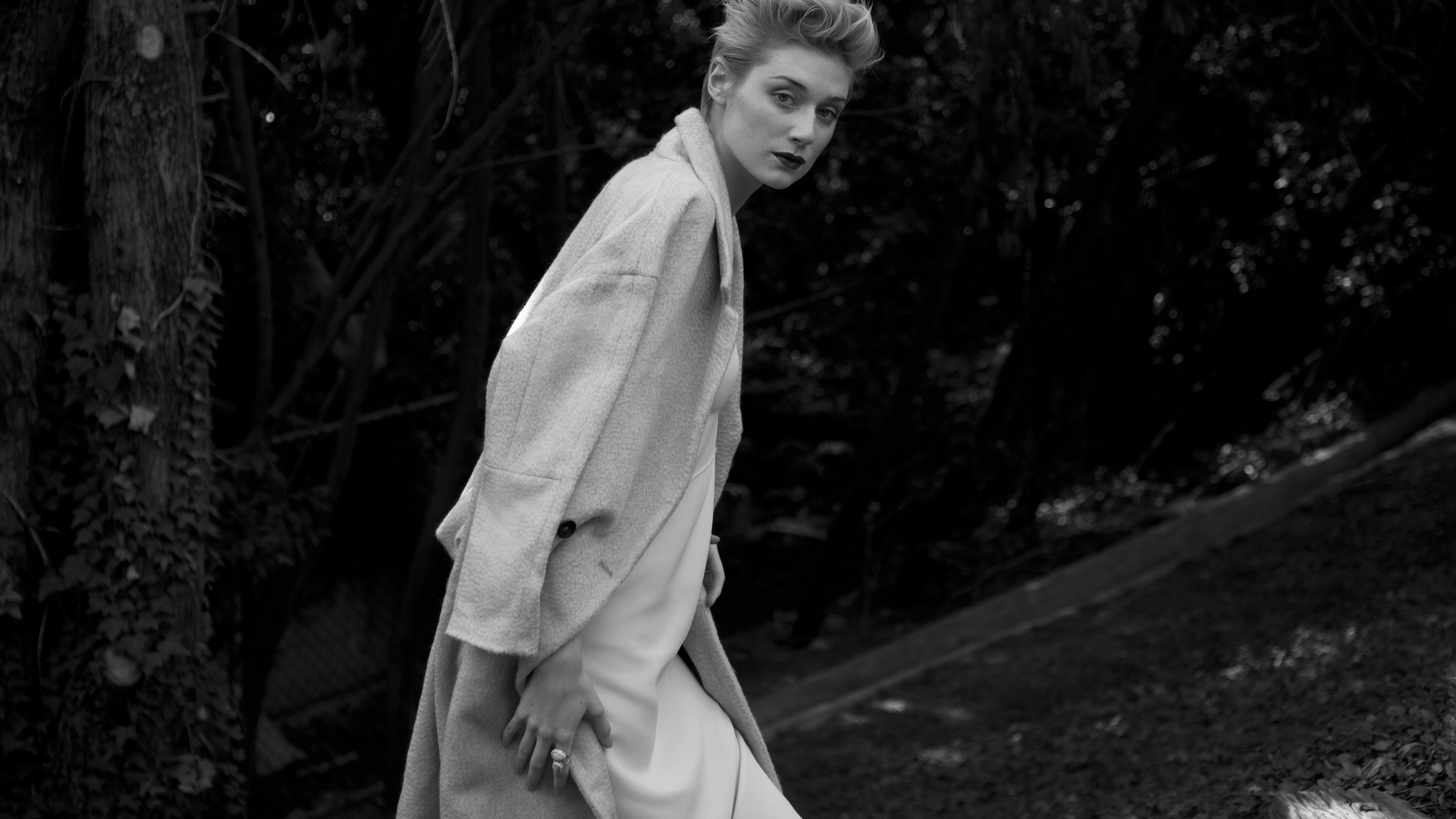 5K, white, 5k, Elizabeth Debicki, kimono, grayscale, shot, woman, photo, HD Wallpaper