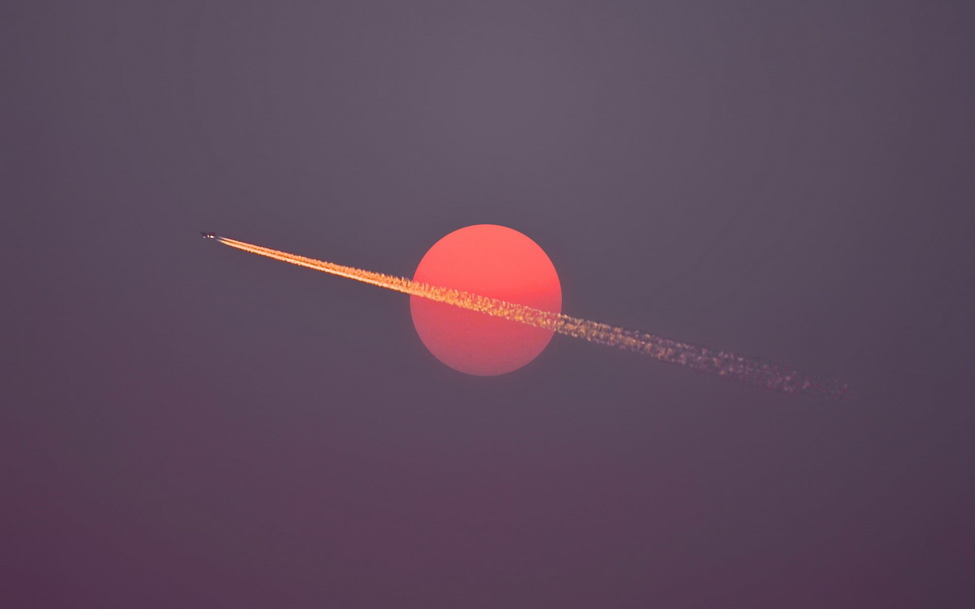 contrails, flying, copy space, sphere, no people, orange color, geometric shape, aircraft, nature, pink color, lighting equipment, sunset, round, 1080P, HD Wallpaper