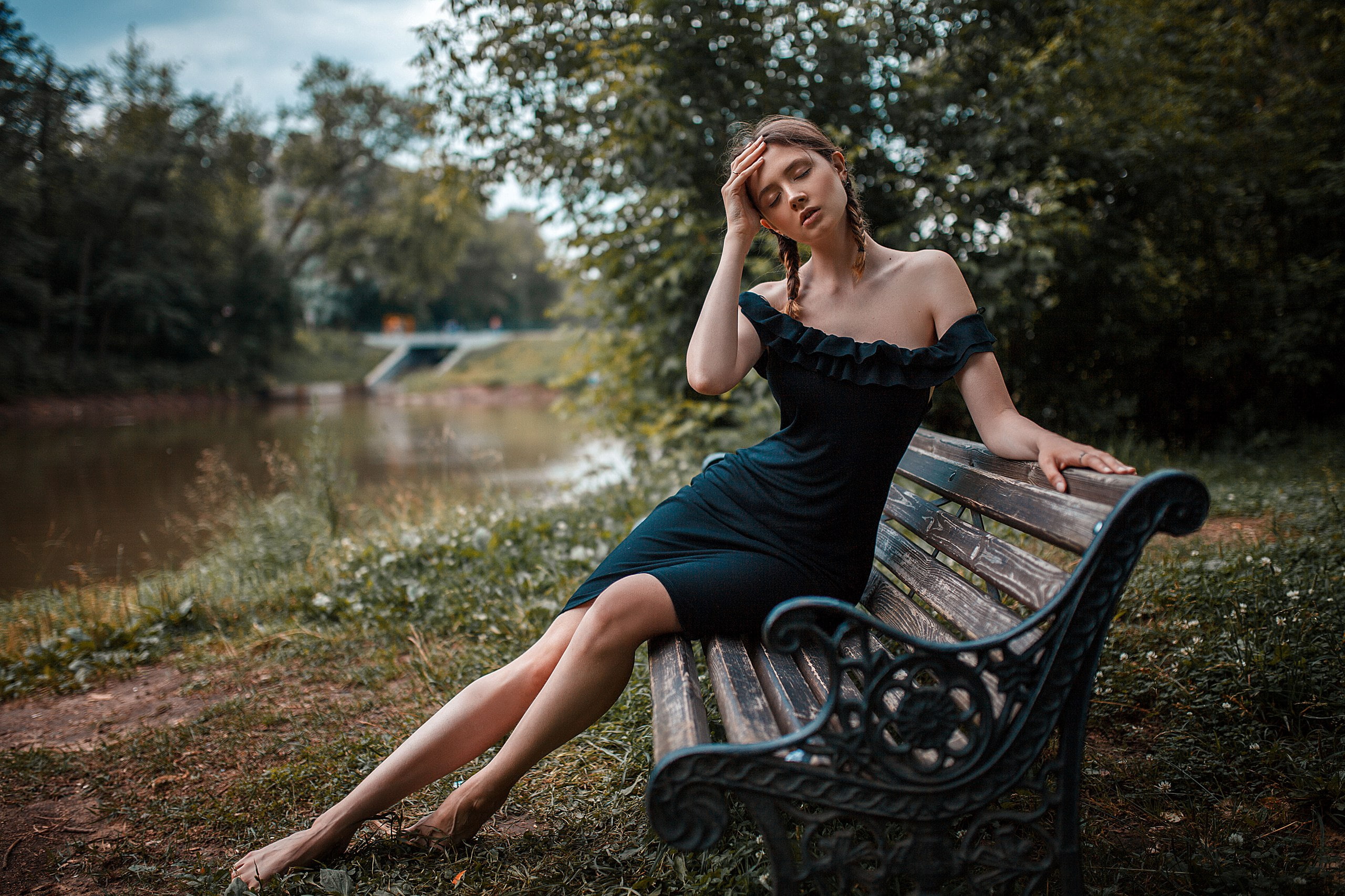 one person, beautiful woman, women, closed eyes, plant, real people, dress, sitting, leisure activity, hair, river, portrait, hairstyle, Disha Shemetova, HD Wallpaper