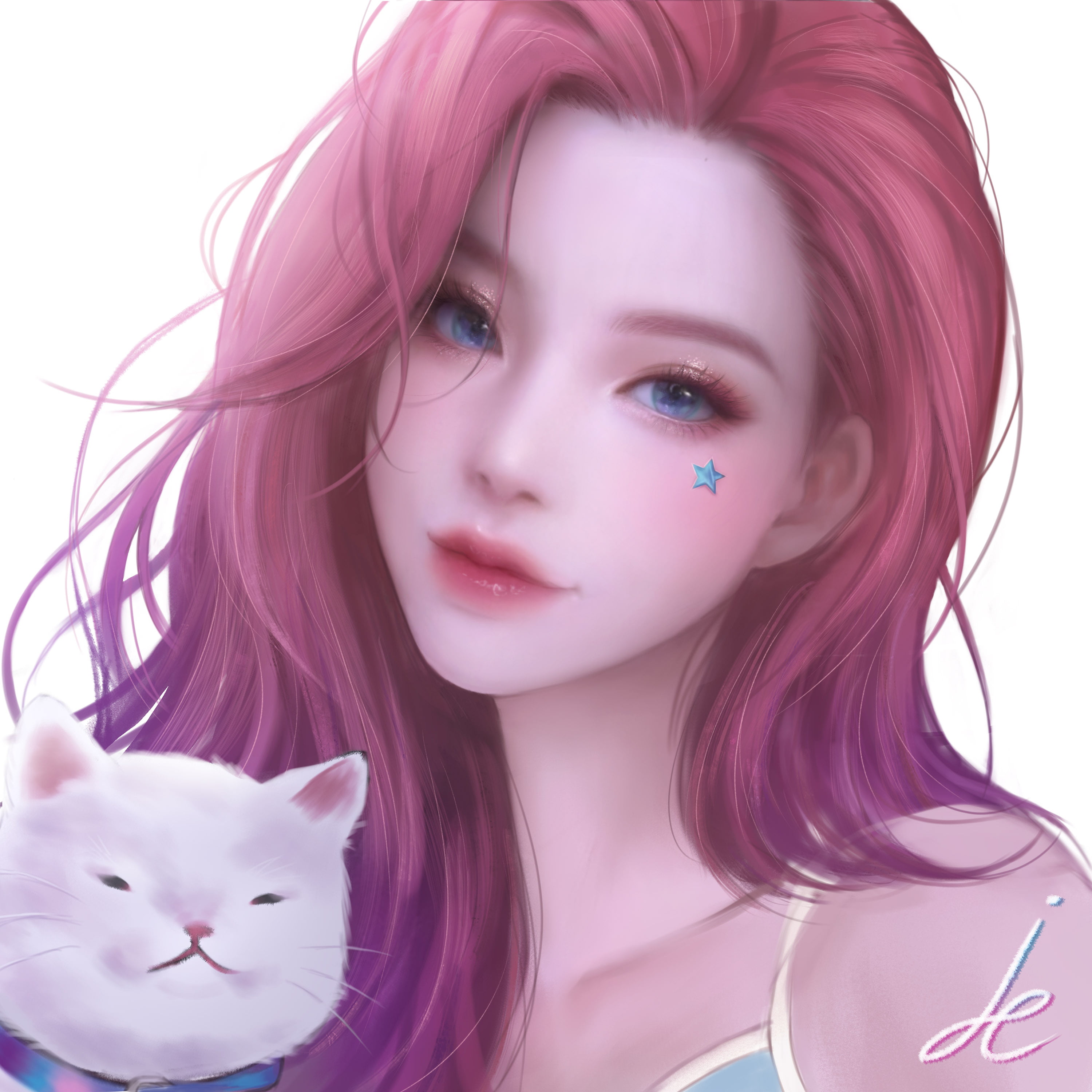 League of Legends, 2K, simple background, white background, blue eyes, redhead, cats, Seraphine, Phone HD Wallpaper