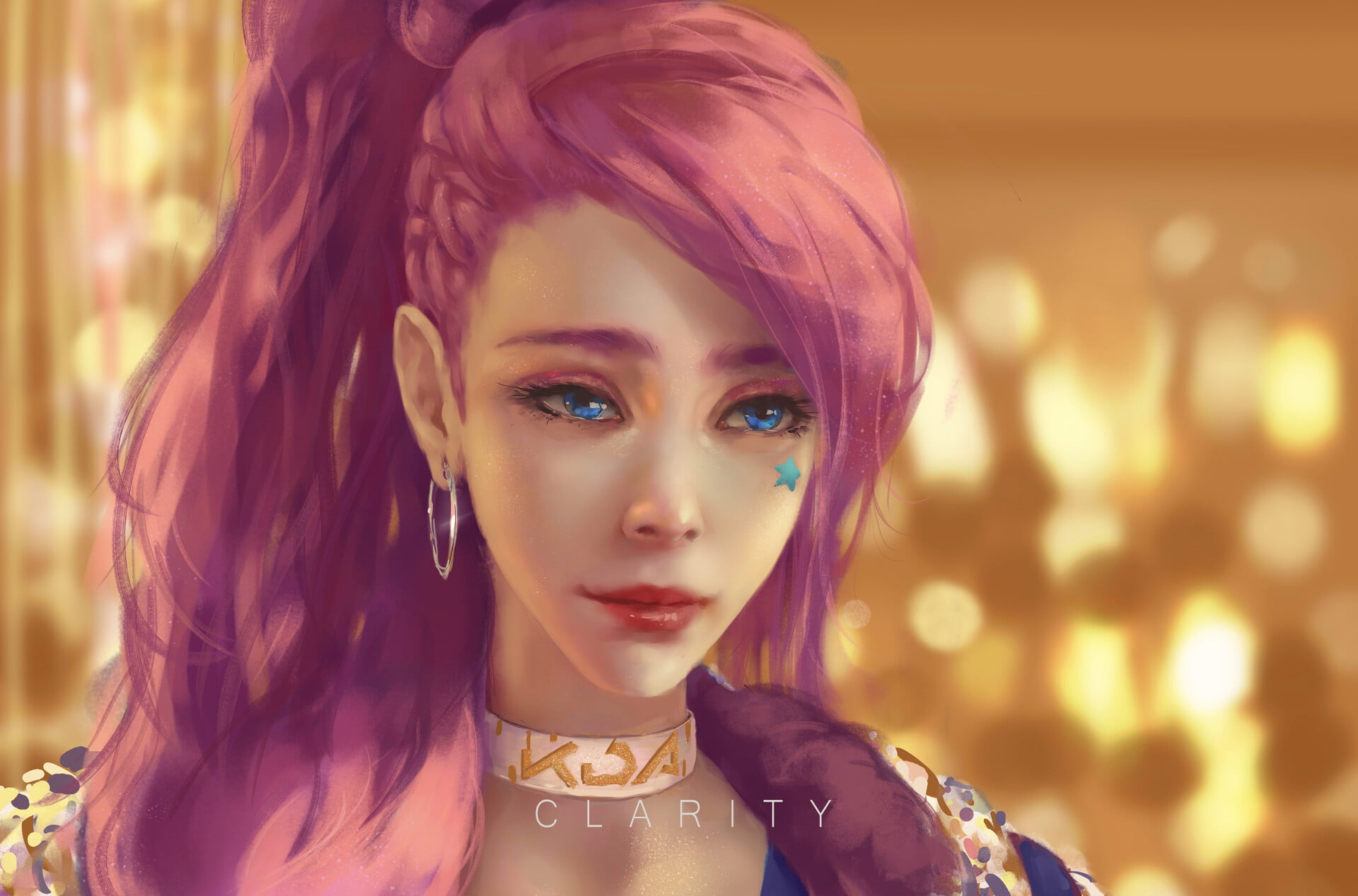 video games, League of Legends, drawing, women, ponytail, 1080P, choker, Seraphine (League of Legends), blue eyes, CLA RITY, video game art, Seraphine, HD Wallpaper