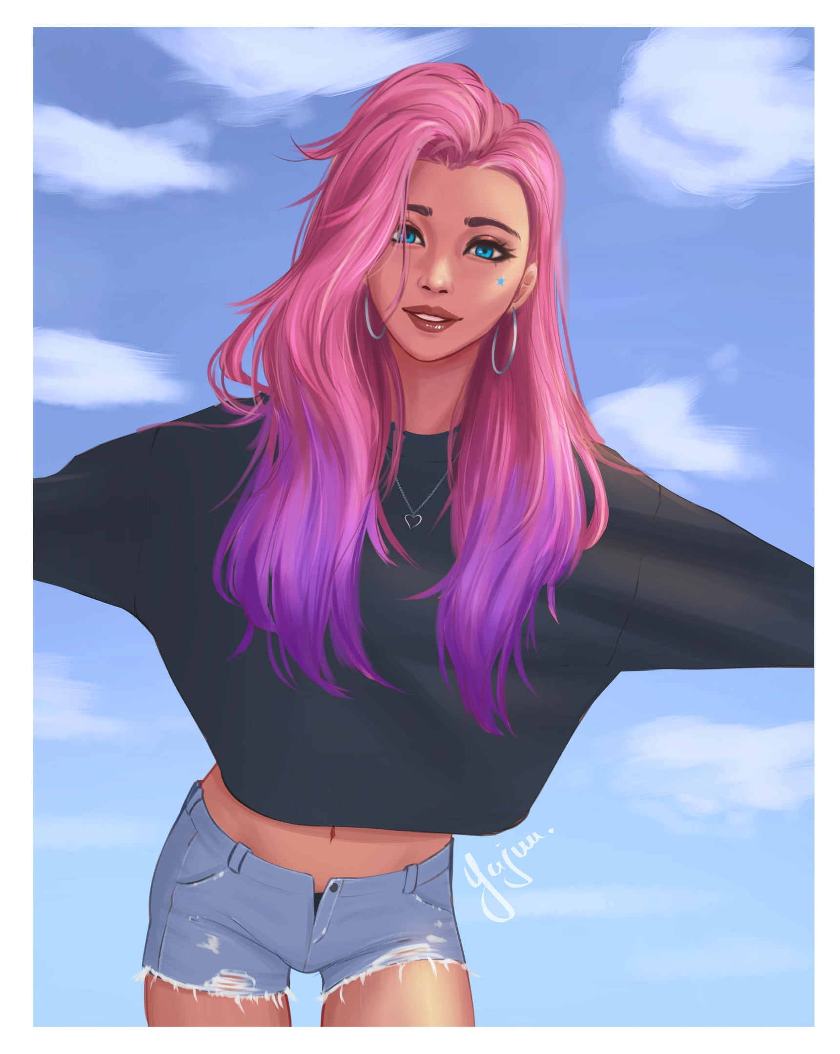 1080P, long hair, Seraphine (League of Legends), Yajuu, pink hair, League of Legends, black shirt, blue eyes, smiling, artwork, Riot Games, shorts, digital art, Phone HD Wallpaper