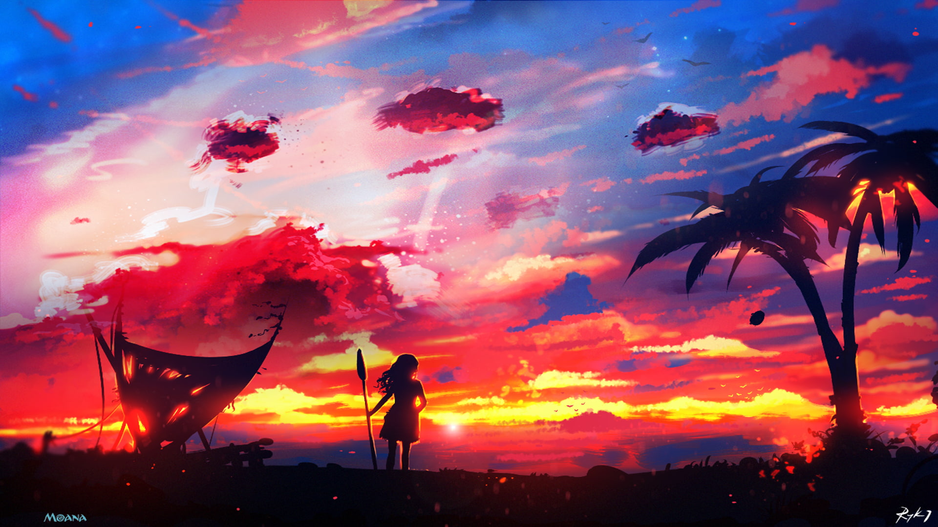 adult, standing, silhouette, 1080P, disney, orange color, dramatic sky, lifestyles, outdoors, cloud - sky, real people, clouds, animation, sunset, people, HD Wallpaper