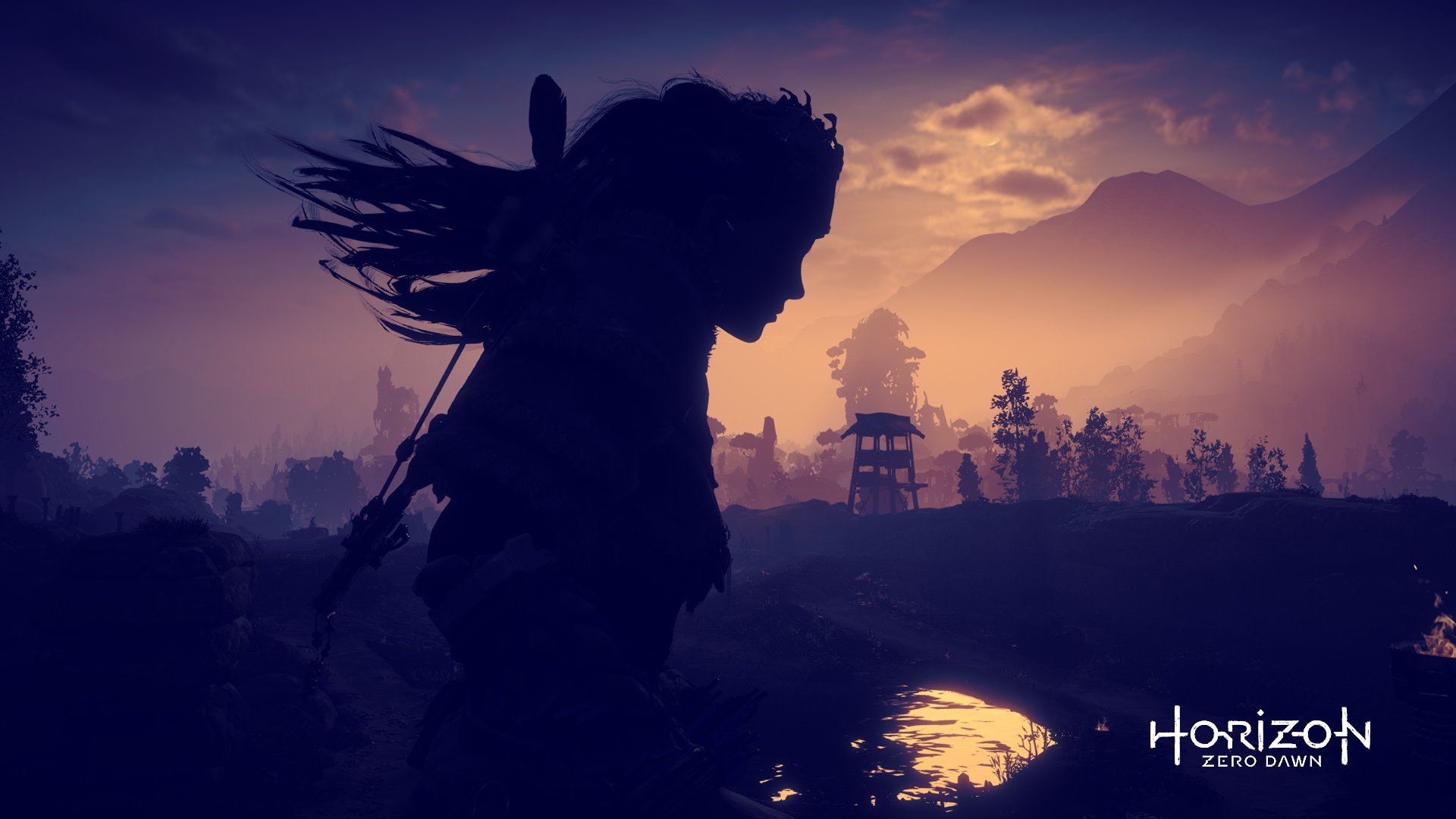 plant, built structure, night, pc games, building, adult, tree, outdoors, people, horizon zero dawn, building exterior, water, sunset, aloy, nature, city, HD Wallpaper