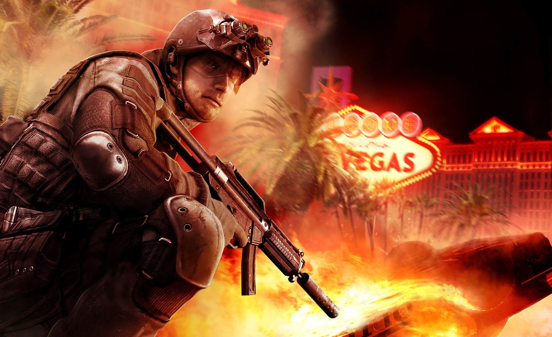 video game, Vegas, digital, holding, gun, military, rainbow, burning, Tom Clancy, adult, clancy, sign, helmet, 1080P, smoke - physical structure, security, HD Wallpaper