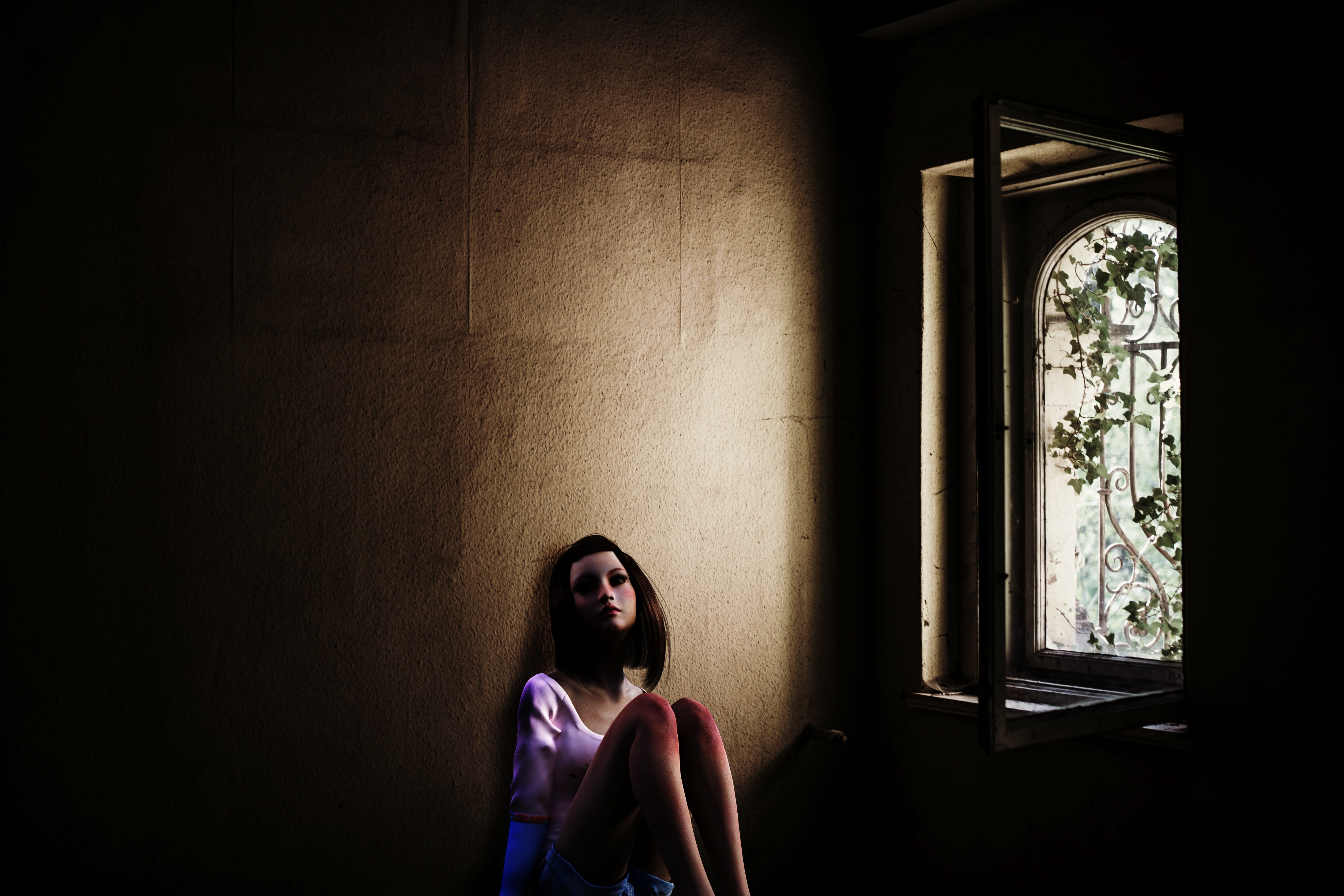 human, depression - sadness, mood, dark, adult, woman, light and shadow, scoop, fear, terrified, lonely, composing, sit, prison, looking, vulnerable, darkness, HD Wallpaper