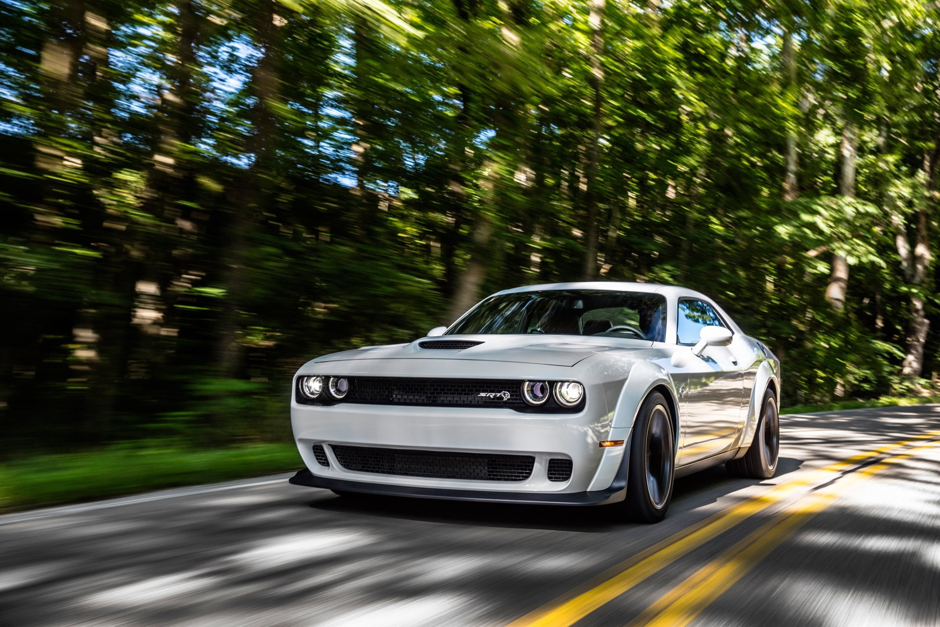 motion, street, plant, road trip, transportation, shadow, nature, no people, outdoors, mode of transportation, 1080P, tree, dodge challenger srt hellcat widebody desktop hd, HD Wallpaper