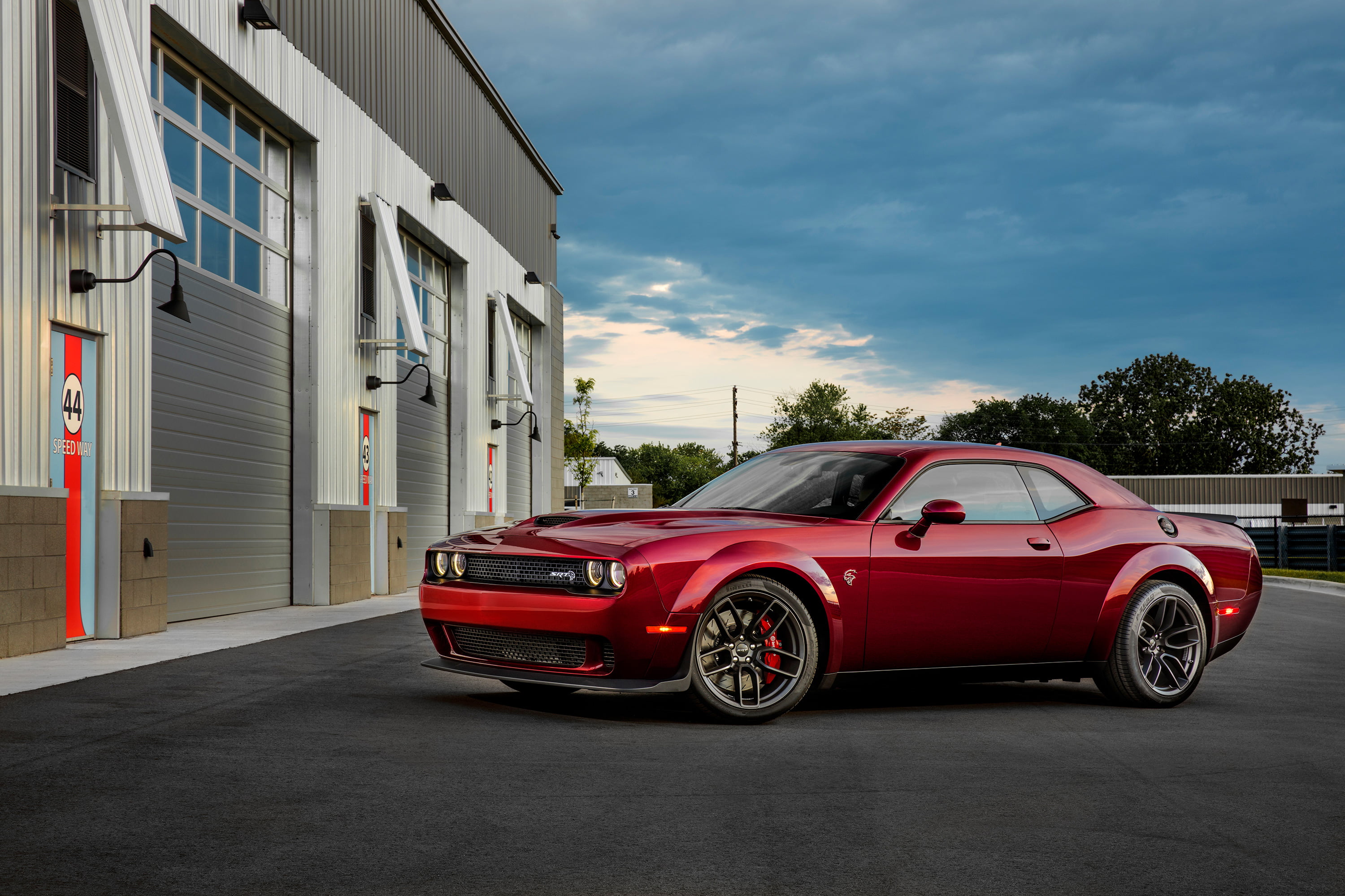 car, 2K, motor vehicle, transportation, outdoors, garage, 4k, sky, land vehicle, building, red, city, hd, day, dodge challenger, building exterior, street, HD Wallpaper