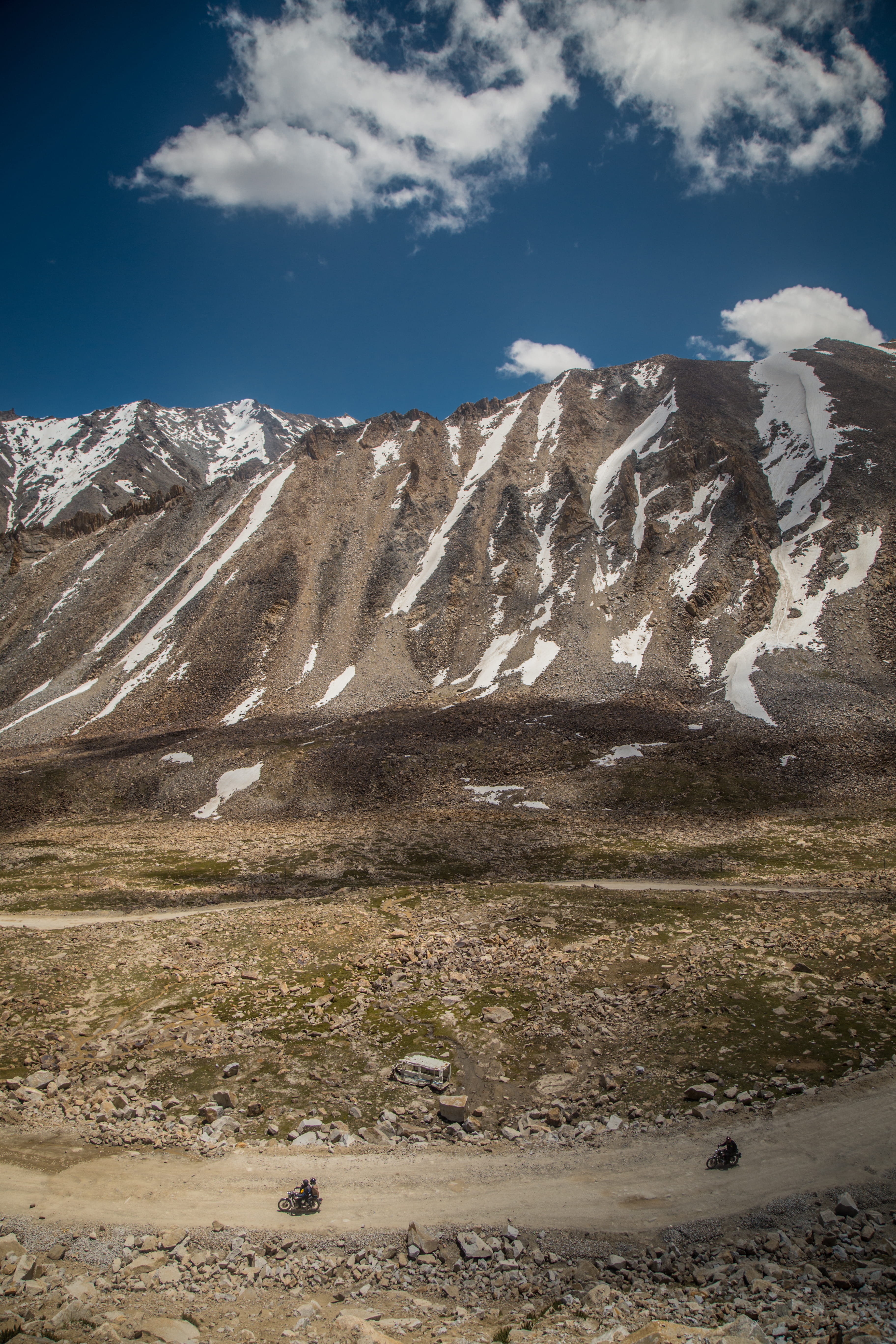 scenics - nature, royal enfield, royal enfield rides, road, snow, brown, climate, white, mountains, blue, ride, day, snowcapped mountain, motorcycle, land, Phone HD Wallpaper