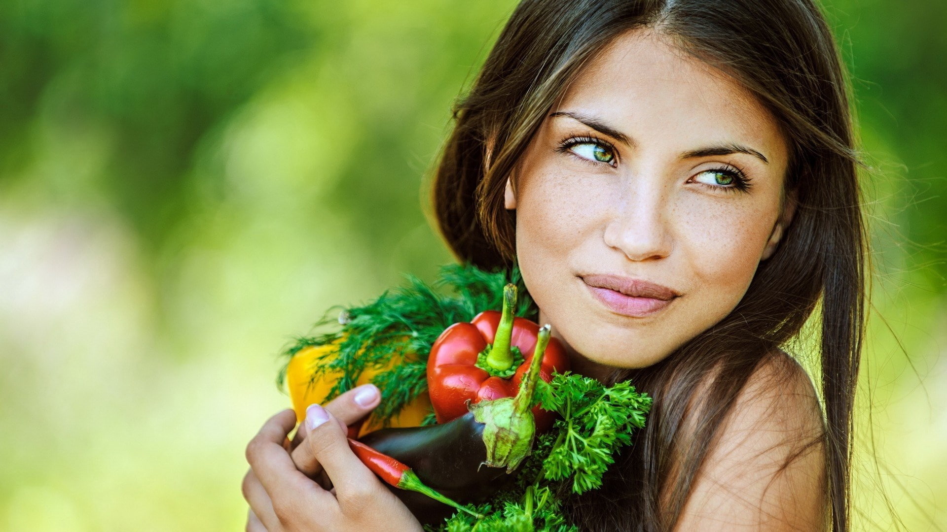 wellbeing, hot girl  hd widescreen 1920x1080, healthy eating, freshness, food, hairstyle, green color, tomato, healthy lifestyle, 1080P, long hair, lifestyles, HD Wallpaper