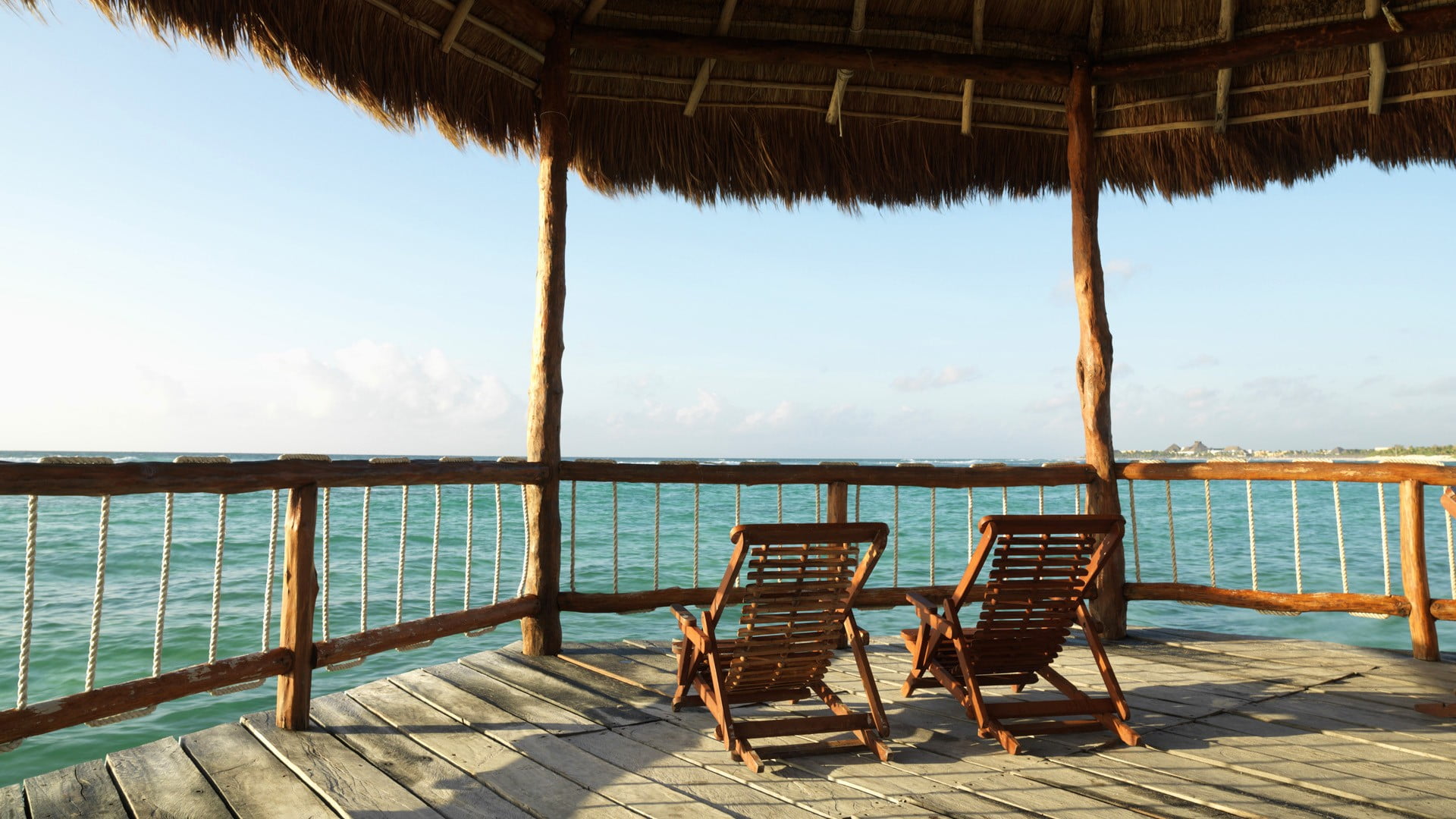 wood, beach, beauty in nature, chair, sea, tranquility, no people, seat, thatched roof, tranquil scene, sky, bed, outdoors, nature, trip, day, canopy, wooden, HD Wallpaper