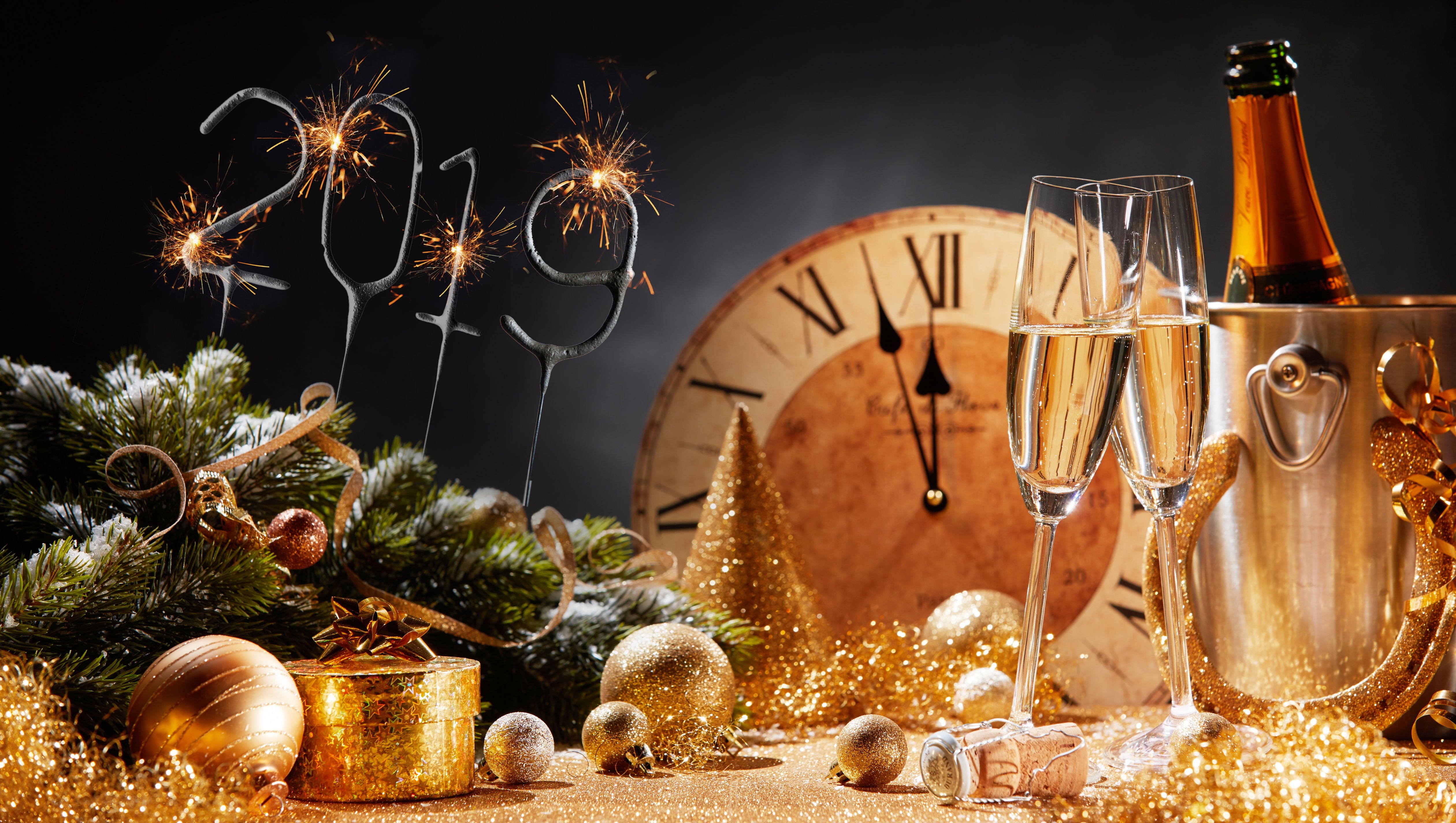 numbers, 4K, Christmas ornaments, New Year, 2019 (Year), clocks, HD Wallpaper