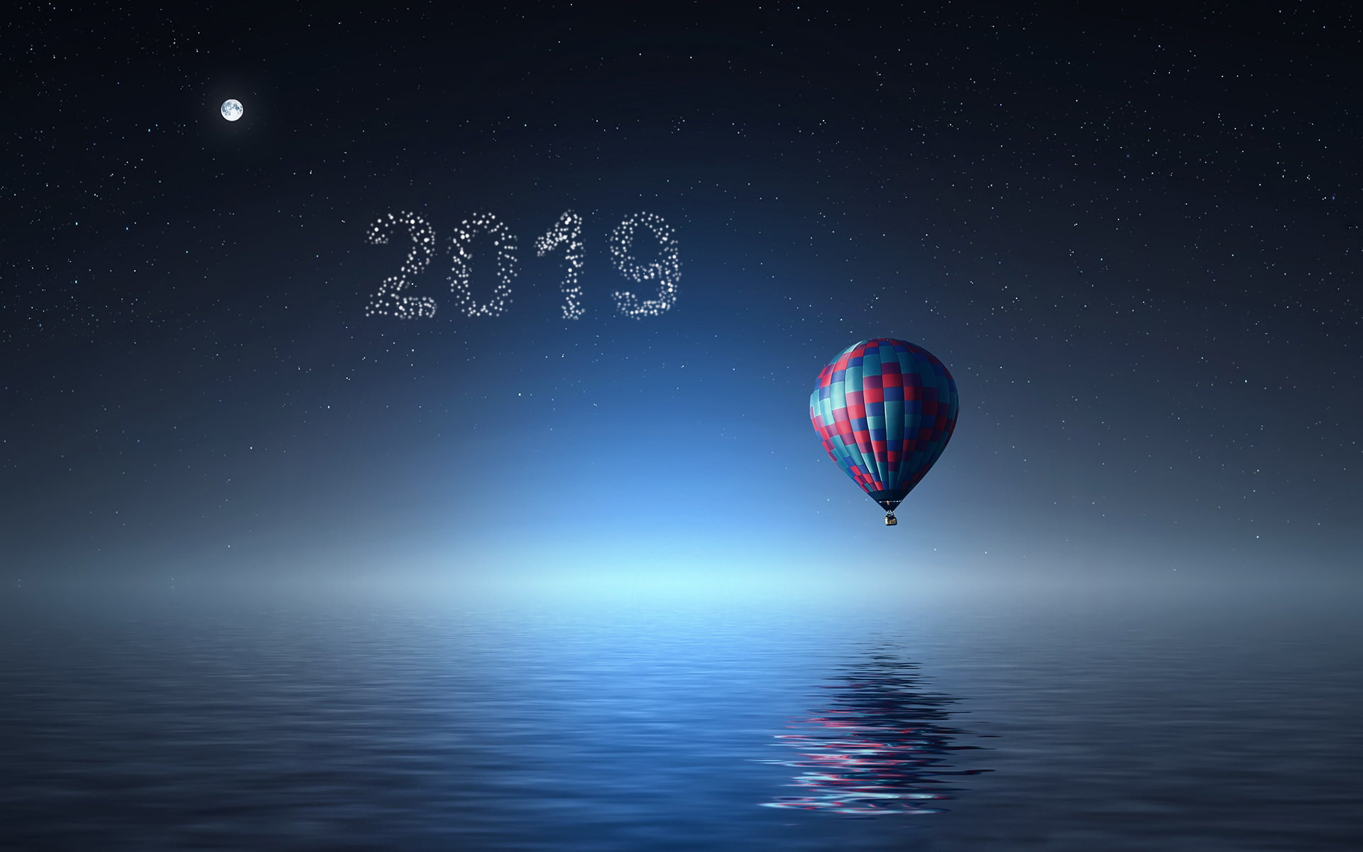 1080P, hot air balloons, reflection, sky, stars, 2019 (Year), HD Wallpaper