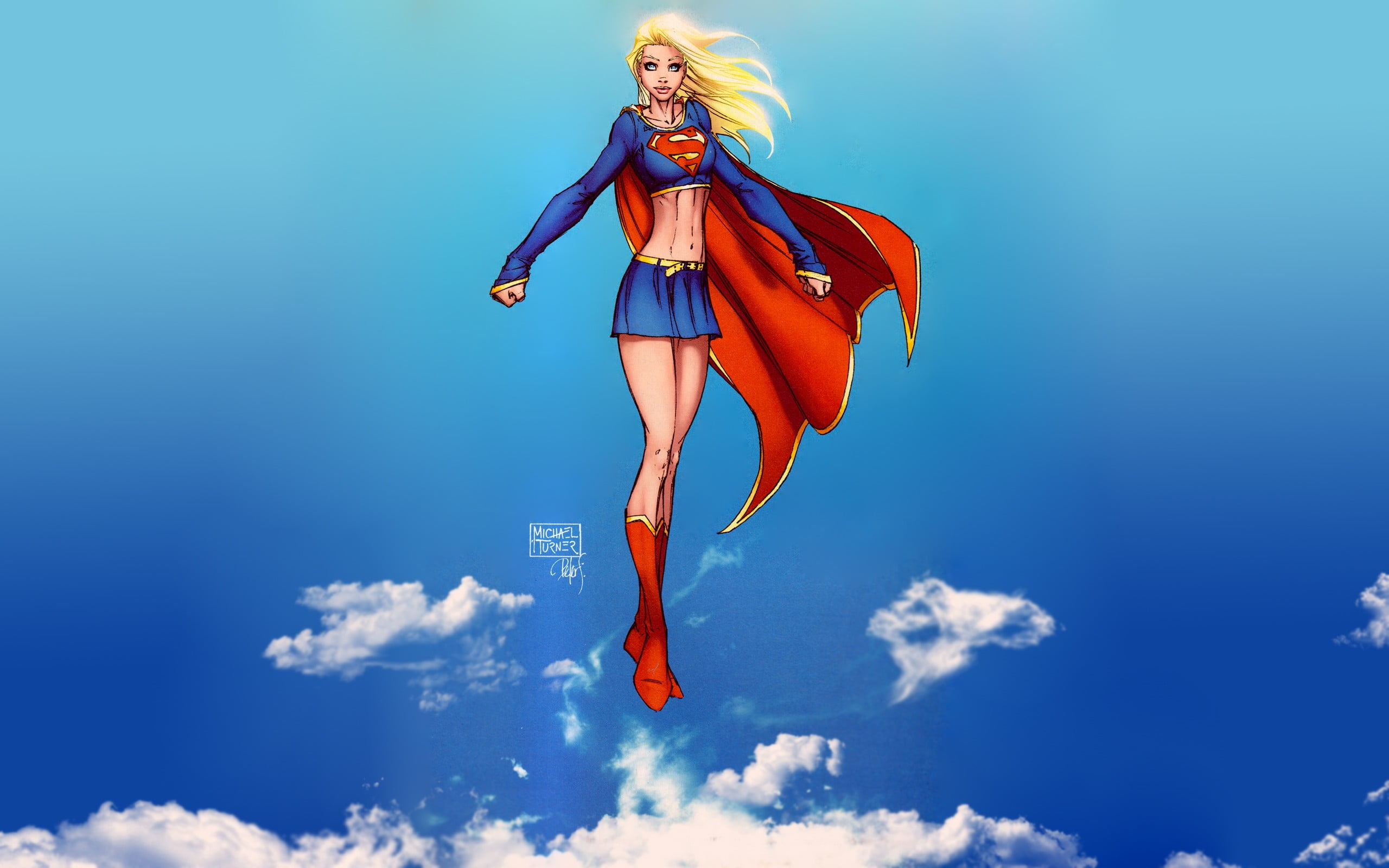blue, hairstyle, Supergirl, adult, superhero, Michael Turner, one person, blond hair, mid-air, sky, low angle view, women, hair, comics, teenager, clothing, HD Wallpaper