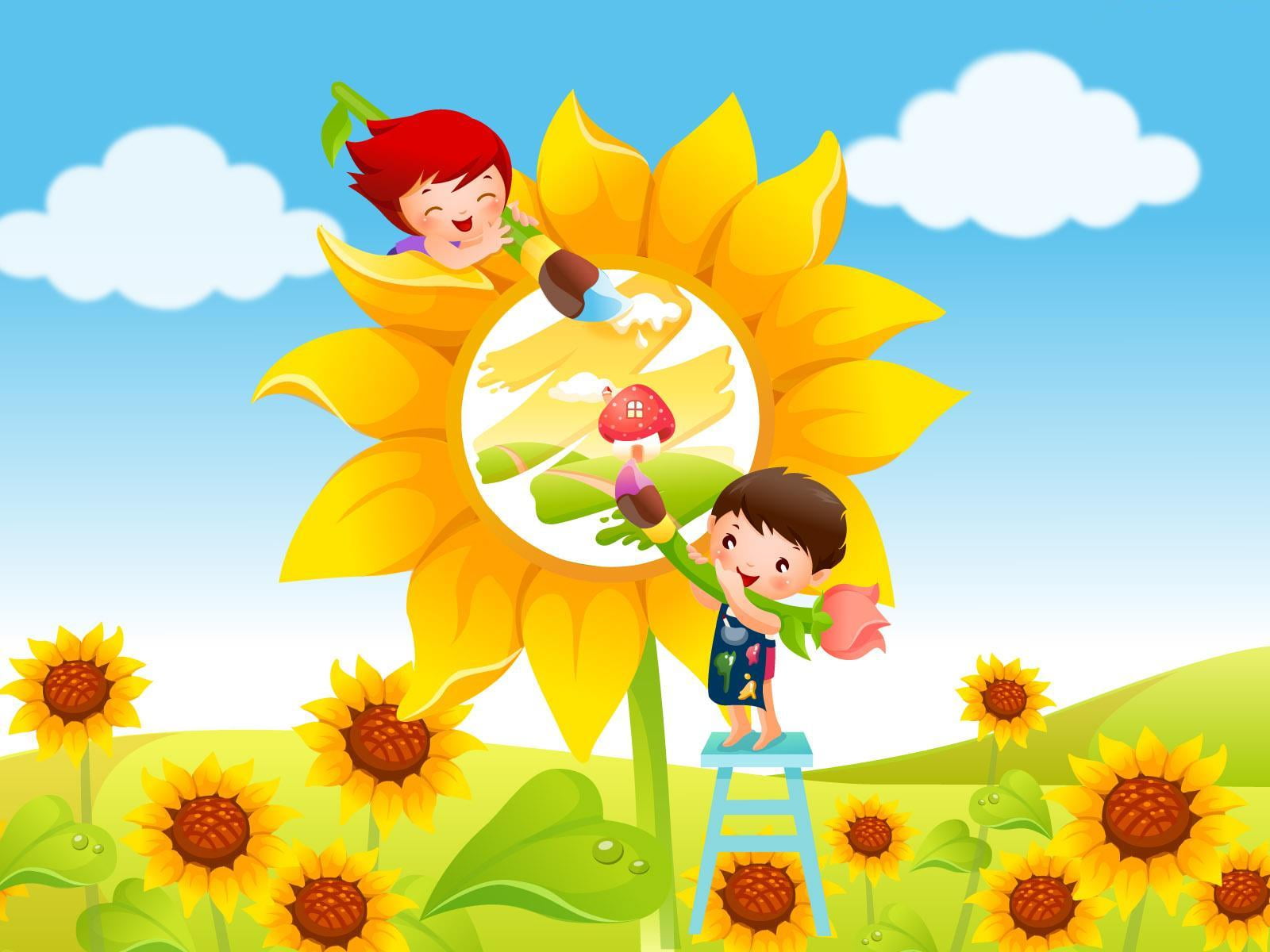 child, springtime, multi colored, 720P, kids, lifestyles, Cartoons, outdoors, cute, dream, childhood, women, family, girls, plant, smiling, flower, sky, HD Wallpaper