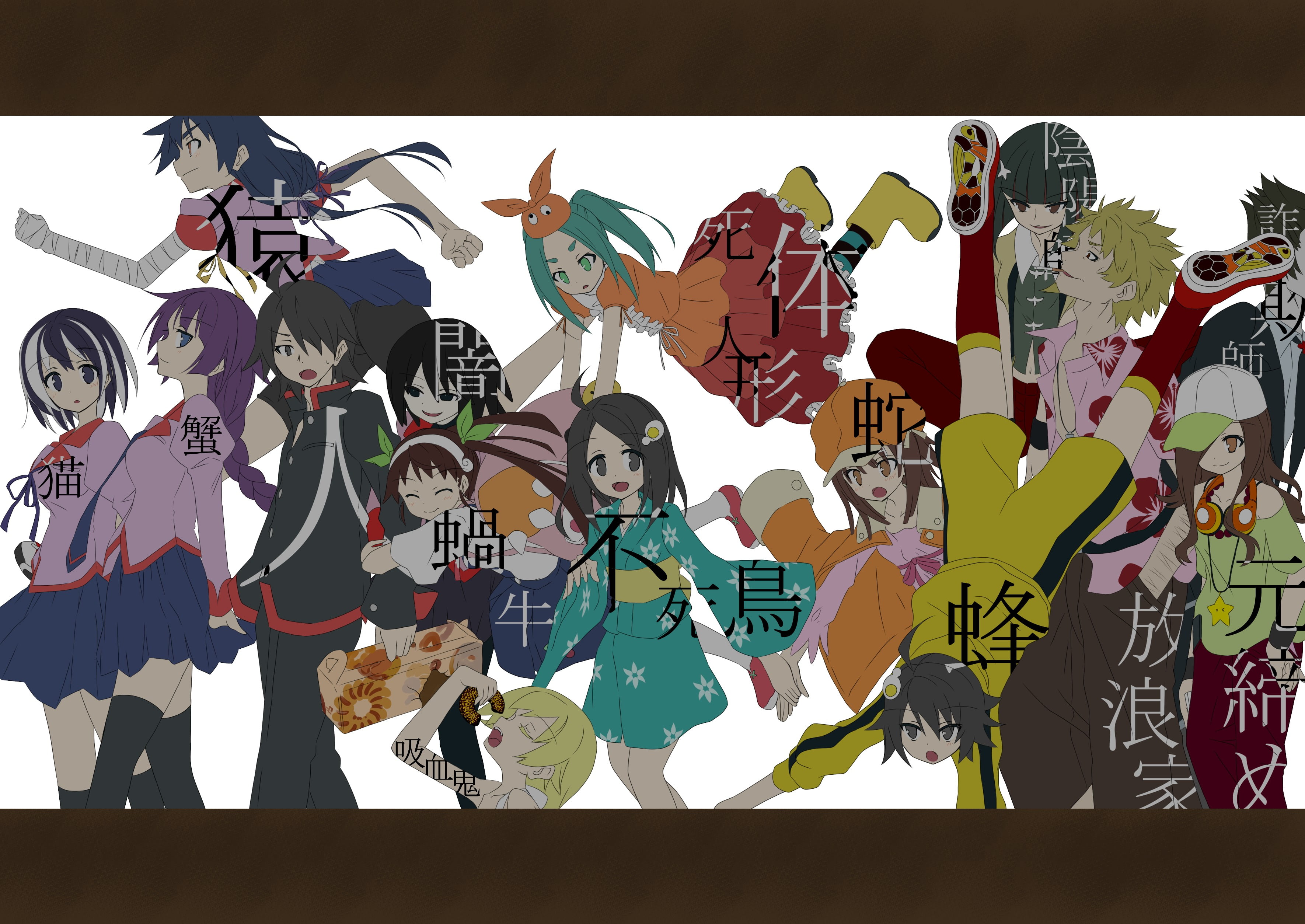 real people, representation, Araragi Tsukihi, lifestyles, Gaen Izuko, sky, Hachikuji Mayoi, mural, arts culture and entertainment, human representation, HD Wallpaper