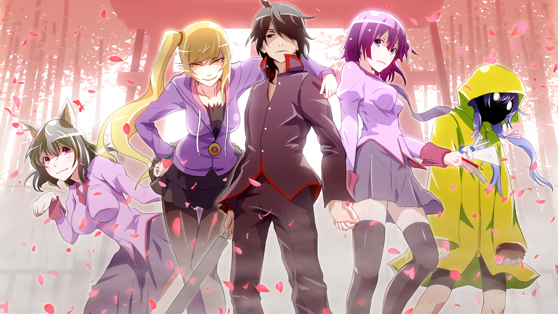 Hanekawa Tsubasa, thigh-highs, Oshino Shinobu, Araragi Koyomi, nekomimi, Senjougahara Hitagi, Monogatari Series, 1080P, Kanbaru Suruga, HD Wallpaper