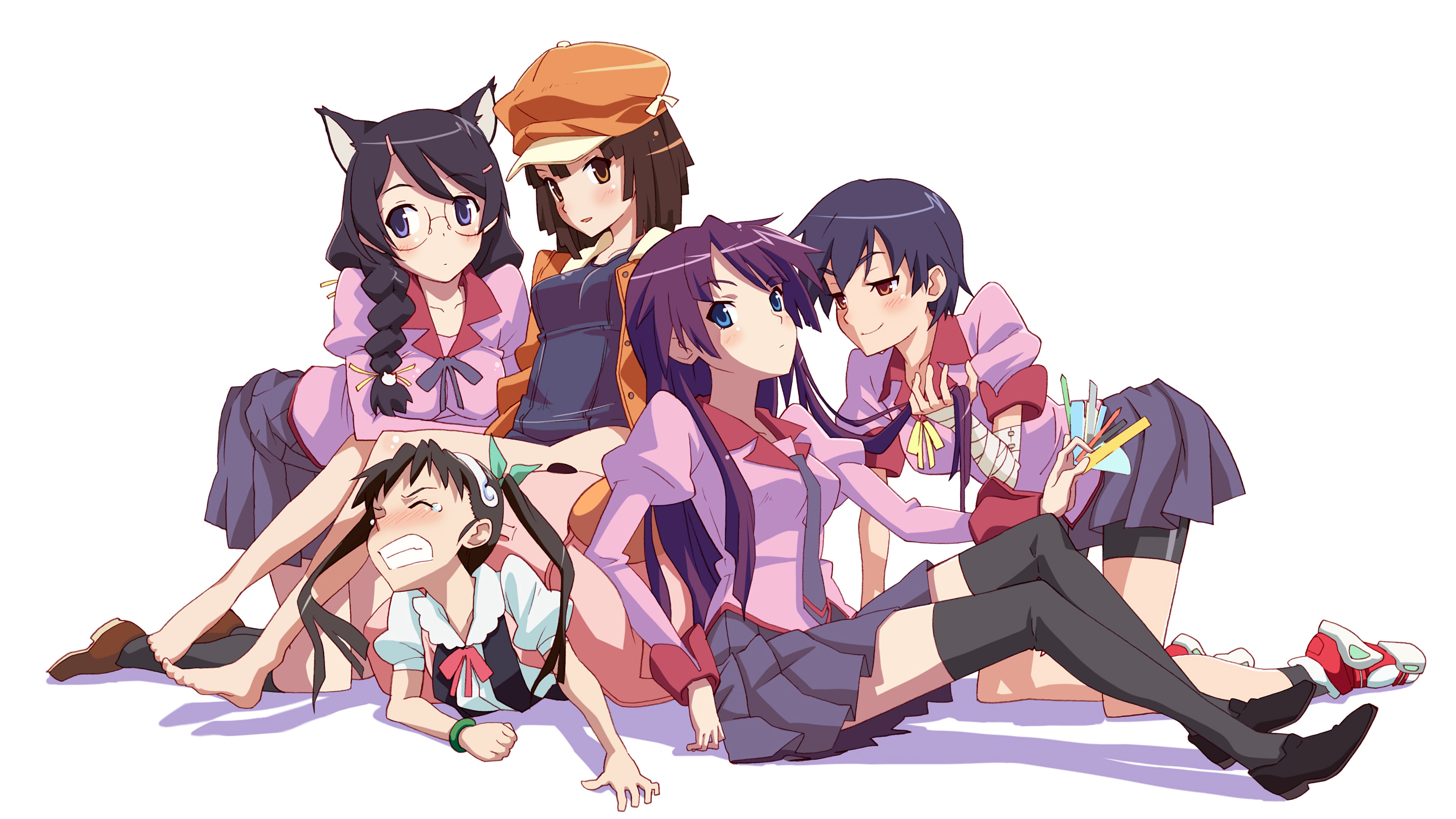 Hachikuji Mayoi, Kanbaru Suruga, Monogatari Series, nekomimi, Sengoku Nadeko, Hanekawa Tsubasa, 4K, Senjougahara Hitagi, anime girls, HD Wallpaper