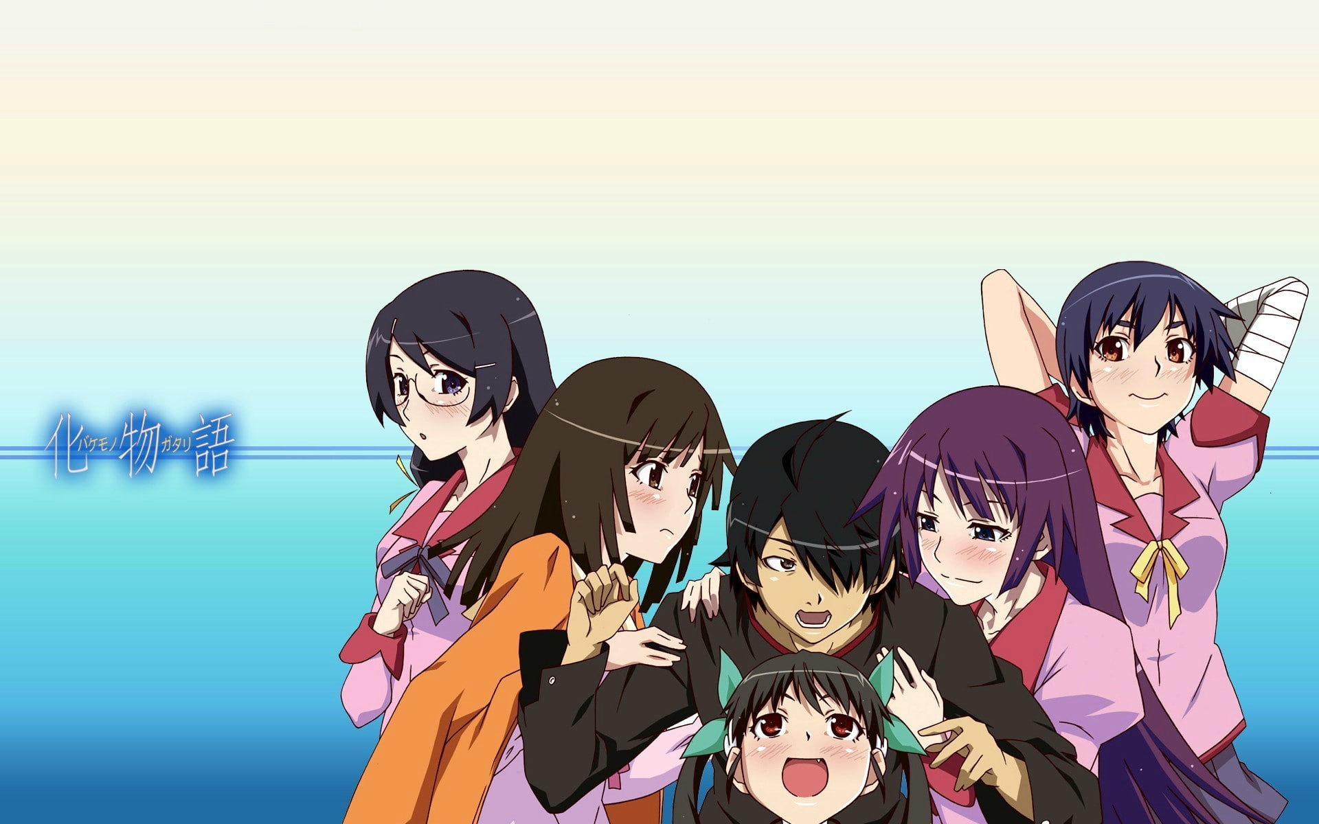 mask, nature, sky, Senjougahara Hitagi, clear sky, group of people, women, young women, portrait, 1080P, Sengoku Nadeko, real people, Araragi Koyomi, Hanekawa Tsubasa, HD Wallpaper