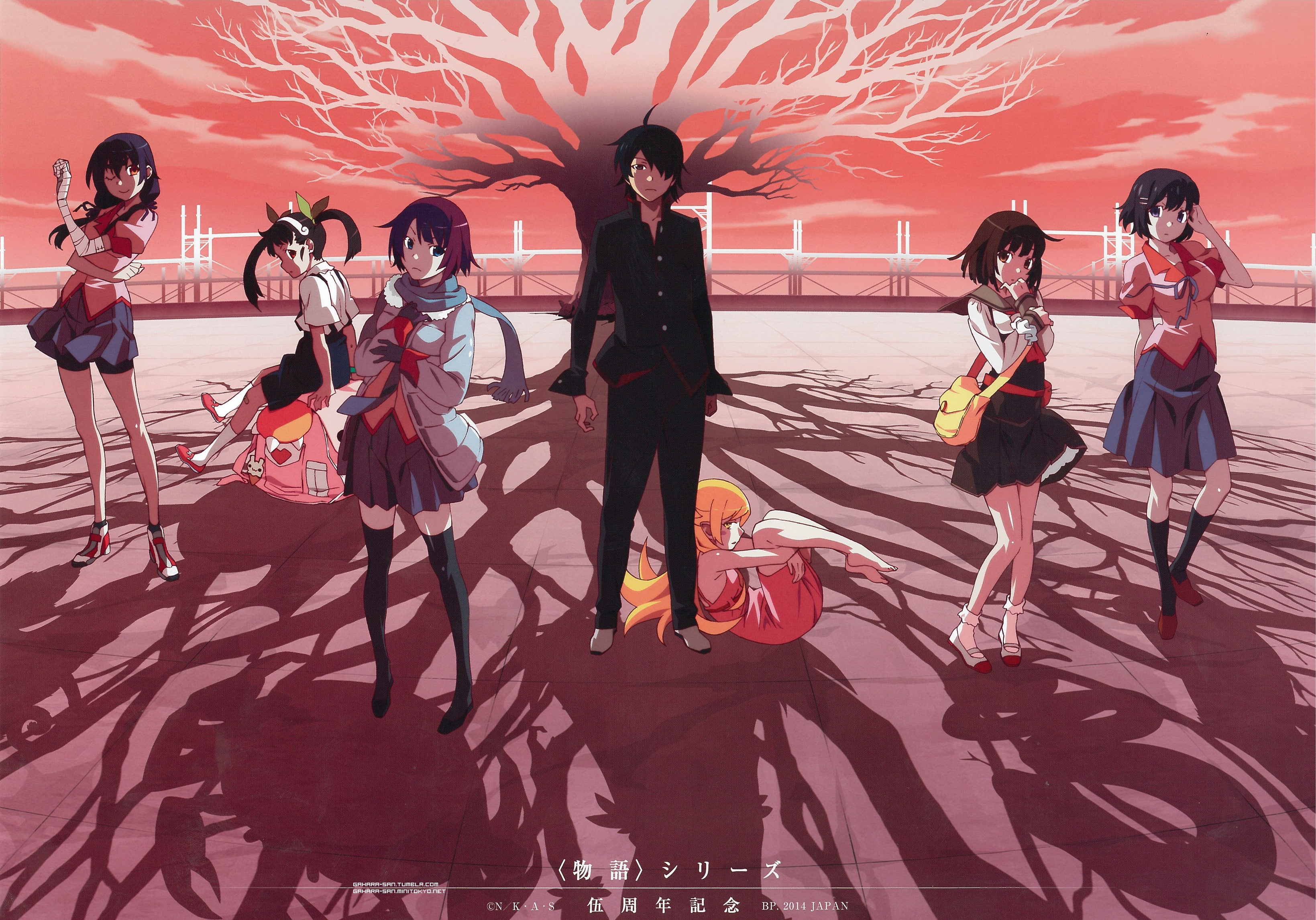 women, school uniform, group of people, artwork, dark hair, 2K, anime, people, togetherness, sunlight, Senjougahara Hitagi, Hachikuji Mayoi, females, crowd, HD Wallpaper