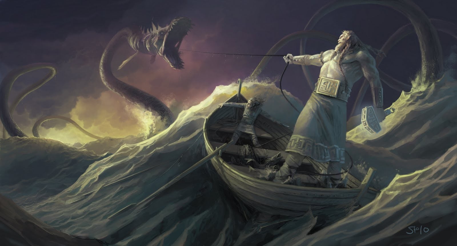 Ragnarök, riding, water, adult, representation, mythology, Jörmungandr, people, creativity, art and craft, painting, nautical vessel, outdoors, boat, sea, HD Wallpaper