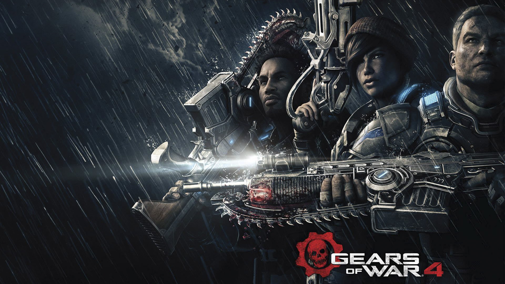 rain, 1080P, dirt, Gears of War 4, The Coalition, fighters, clouds, team, Microsoft, weapons, armor, logo, look, saw, HD Wallpaper