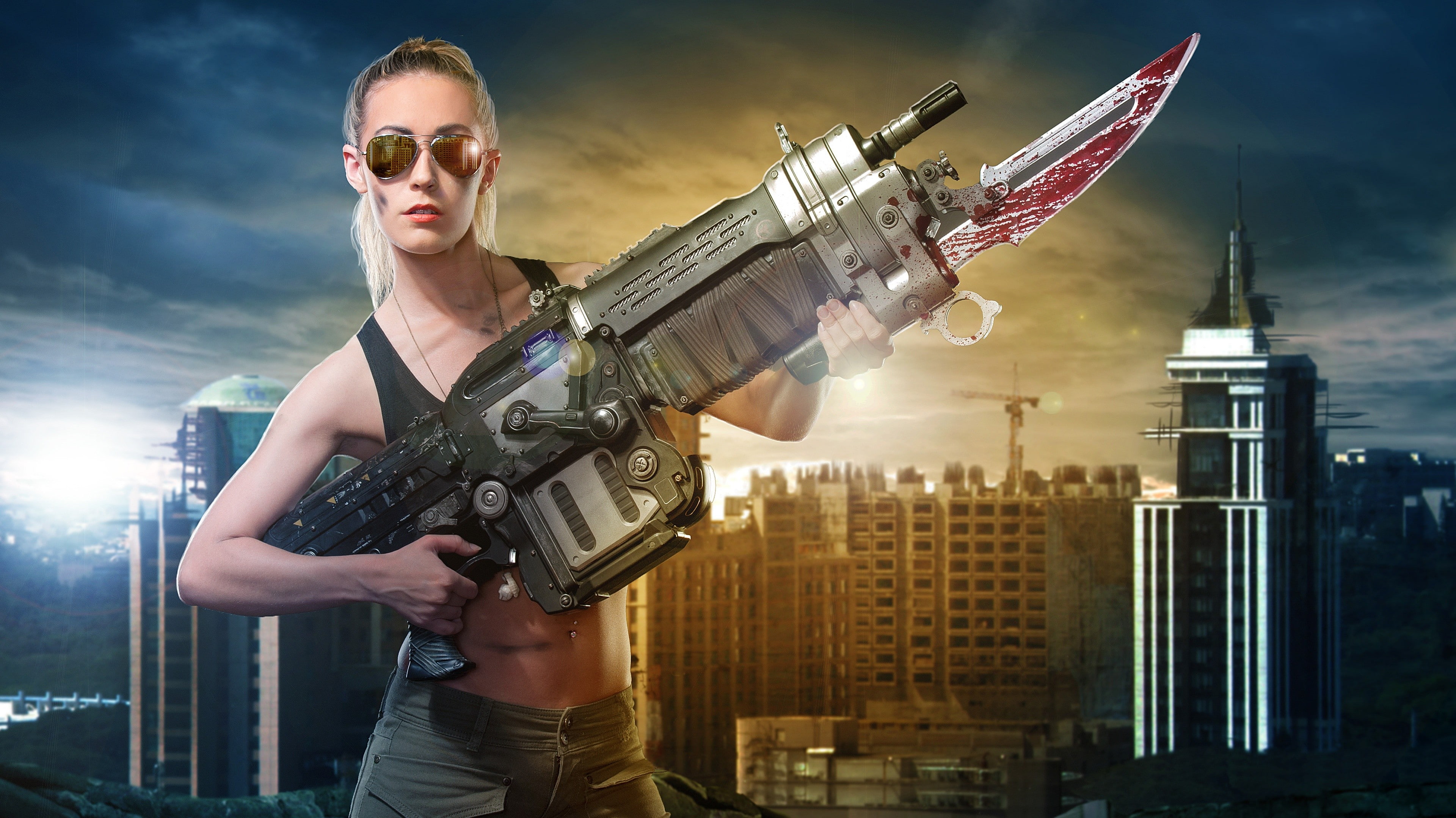 holding, gray, woman, Gears of War 4, black, sci-fi, PC, 4K, shooter, haired, rifle, blonde, assault, Xbox One, HD Wallpaper