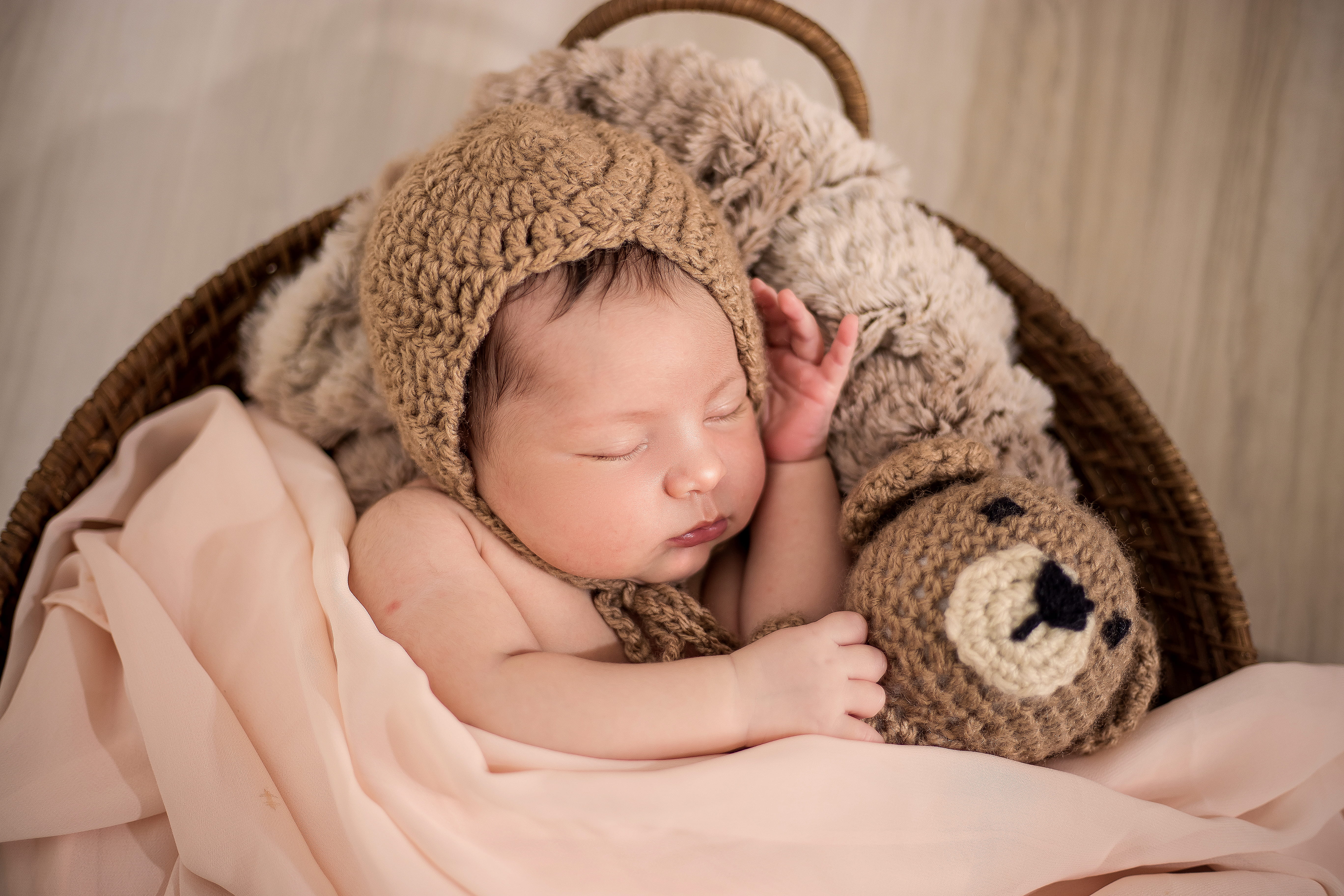 furniture, one person, stuffed toy, toy, newborn, wearing, knit, eyes closed, softness, cap, precious, teddy bear, indoors, lying down, napping, little, HD Wallpaper