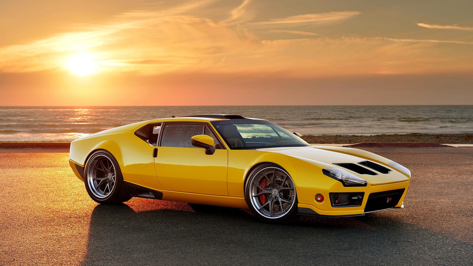 nature, beach, motor vehicle, Sunset, wheel, beauty in nature, Pantera, mode of transportation, sunlight, 1080P, 1971 Ringbrothers De Tomaso Pantera, Ringbrothers, HD Wallpaper